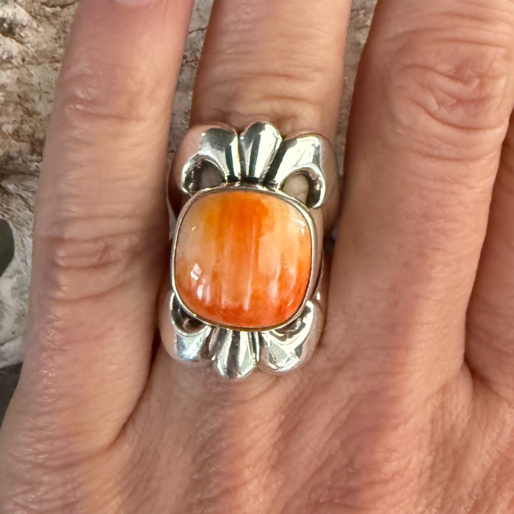 Authentic Native American Handmade Sterling Silver and Spiny Oyster Ring Size 7.