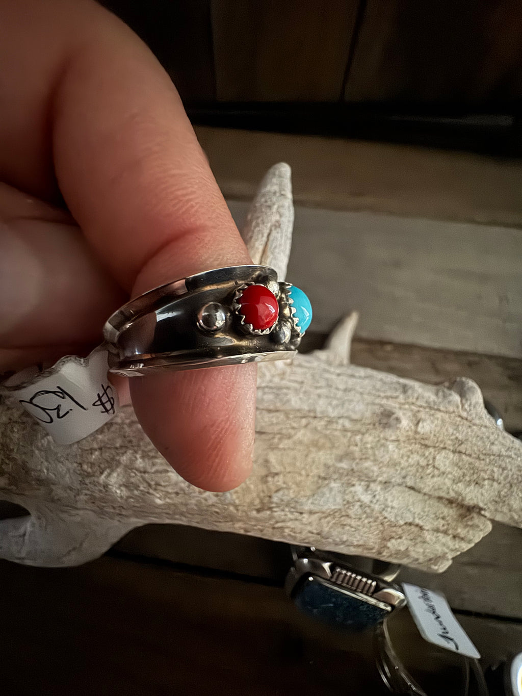 Handmade Turquoise-Coral Custom Silver Ring Size 11