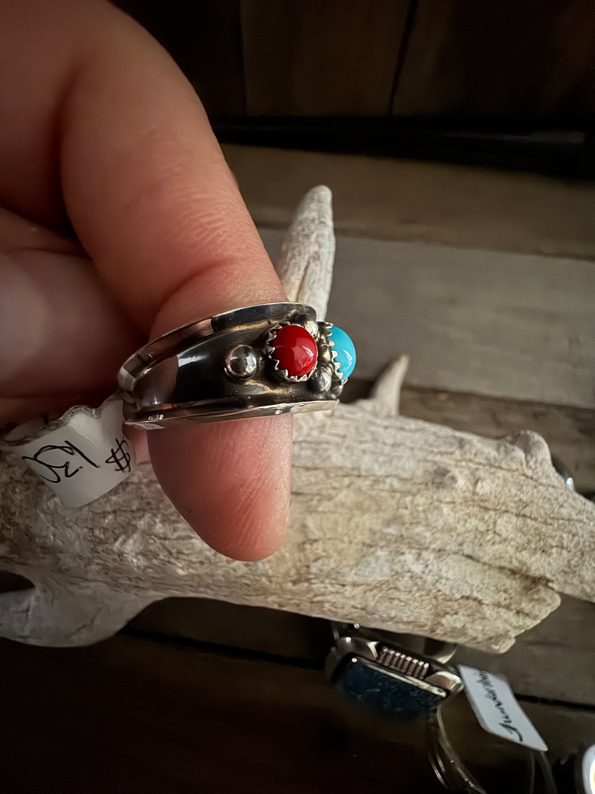 Handmade Turquoise-Coral Custom Silver Ring Size 11