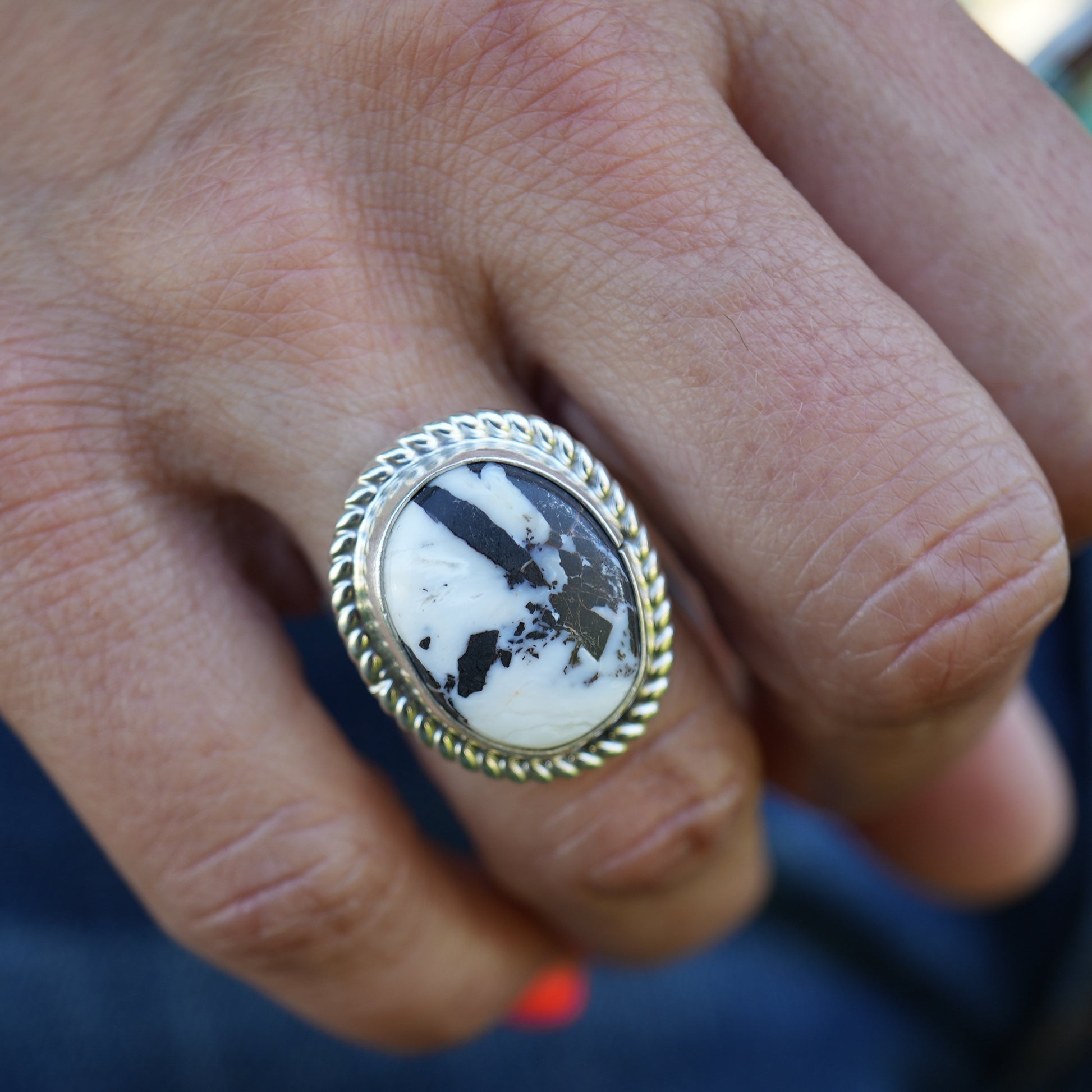 Authentic Native American Handmade Sterling Silver and White Buffalo Ring size 6 1/2.