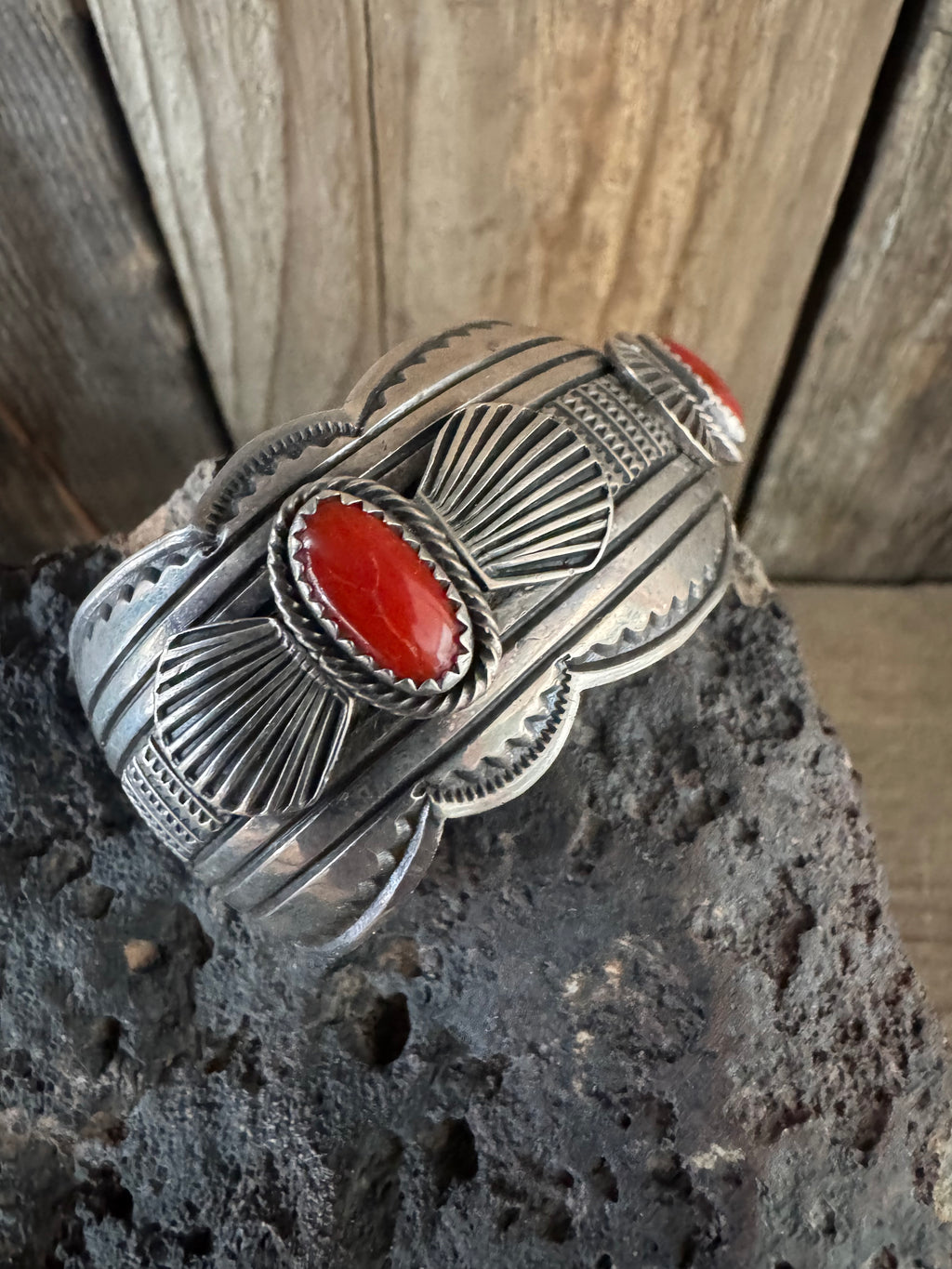 Native Handmade Sterling Silver Coral Bracelet-Cuff