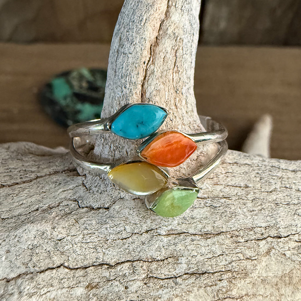 Authentic Native American Handmade Sterling Silver Adjustable Ring with Turquoise, Spiny Oyster,Serpetine, and Chrysoprase.