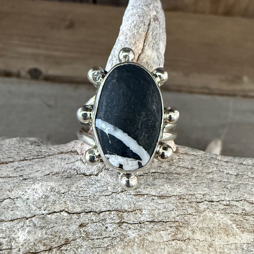 Authentic Native American Handmade Sterling Silver and White Buffalo Adjustment Ring