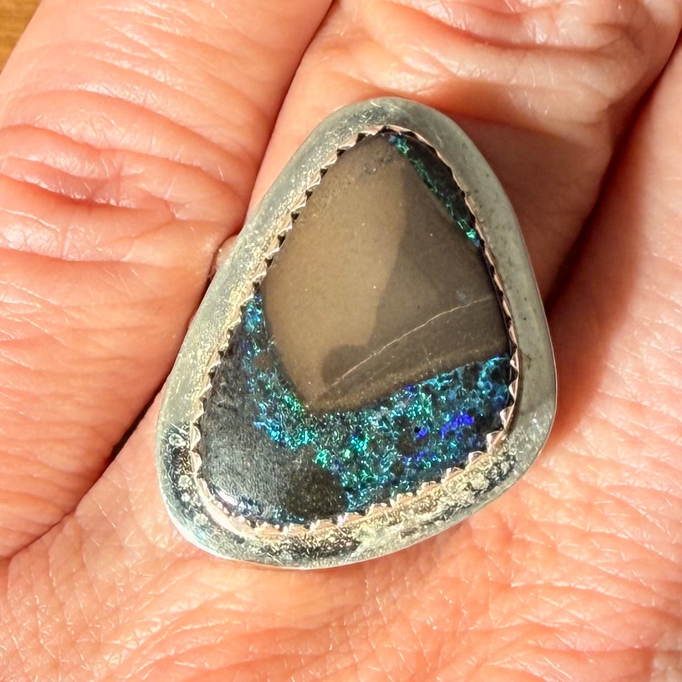 Authentic Native American Handmade Sterling Silver and Australian Opal Ring size 6.