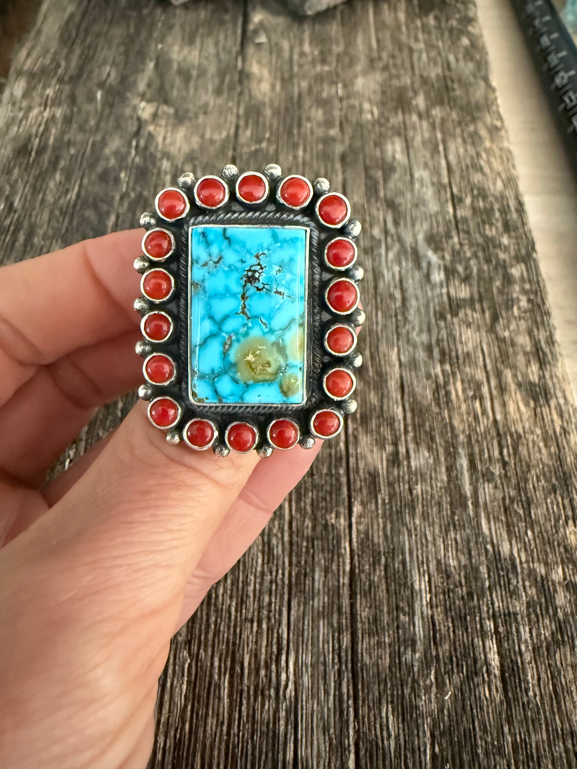 Leon Martinez Handmade Custom Silver Coral-Kingman Turquoise Adjustable Ring