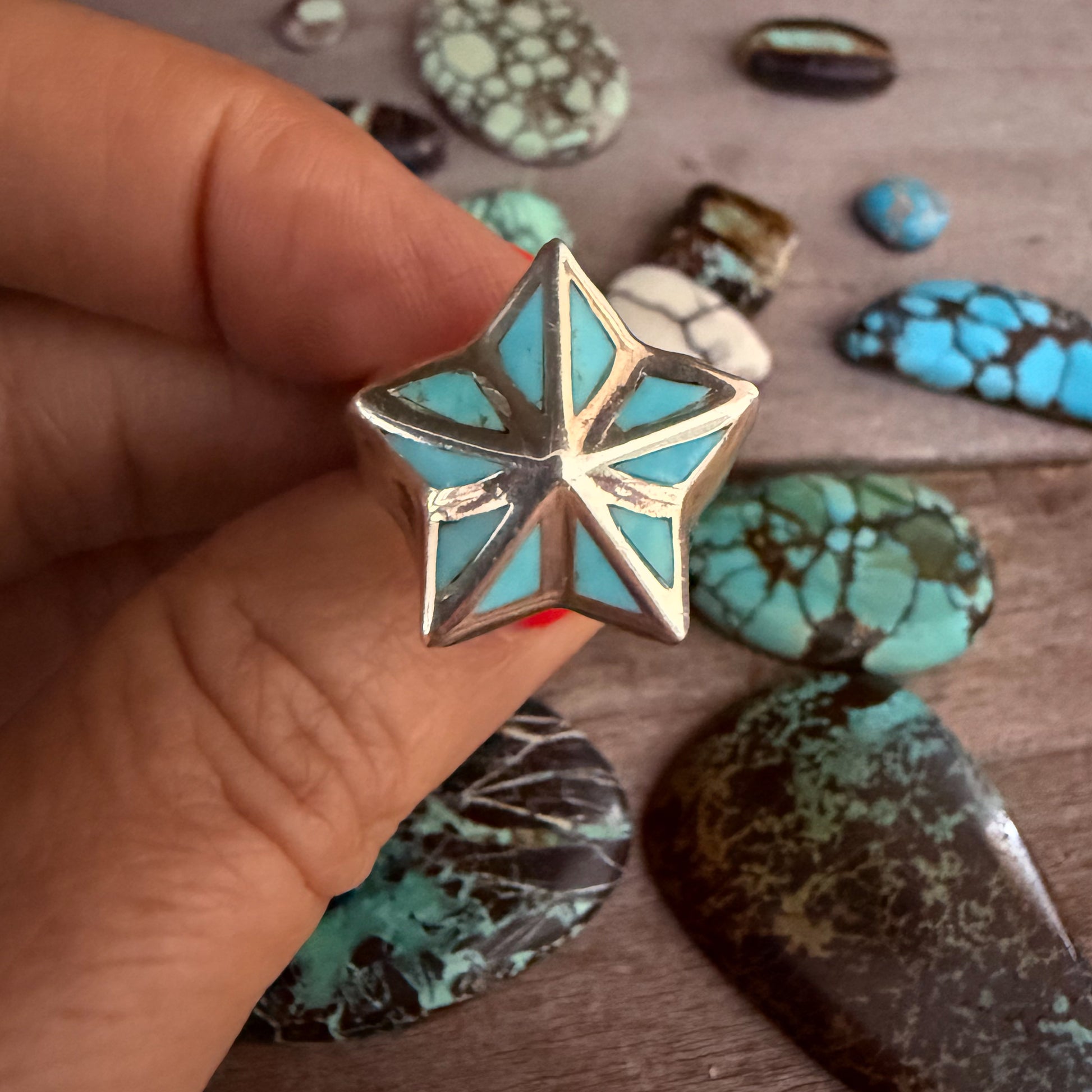 Authentic Native American Handmade Sterling Silver and Turquoise Inlay Star Ring size 9.