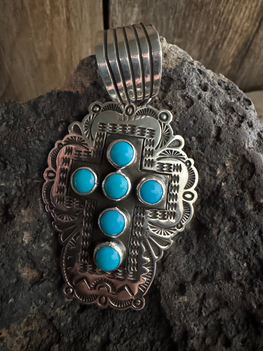 Albert Jake Handmade Sterling Silver Turquoise Cross Pendant