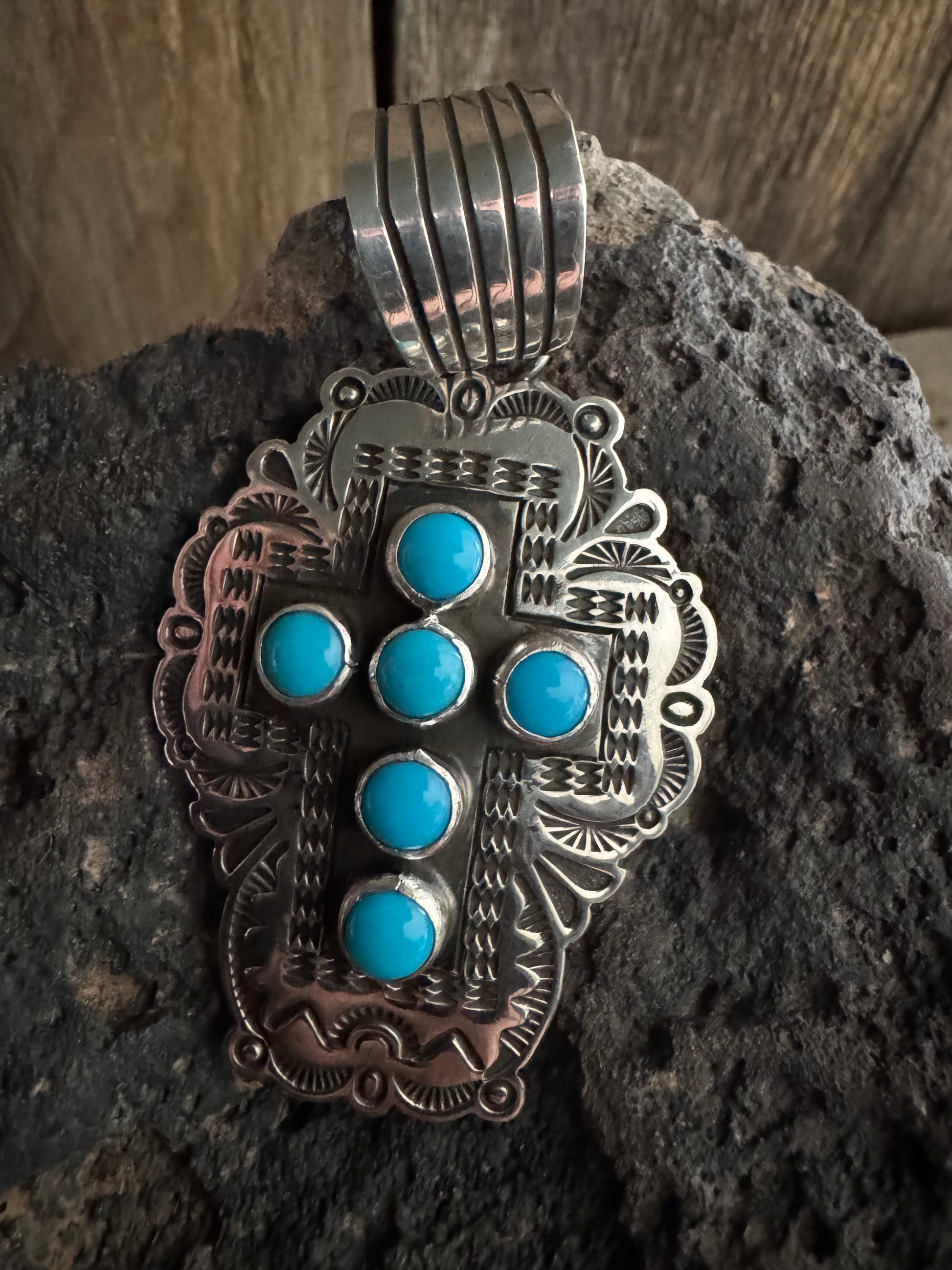 Albert Jake Handmade Sterling Silver Turquoise Cross Pendant