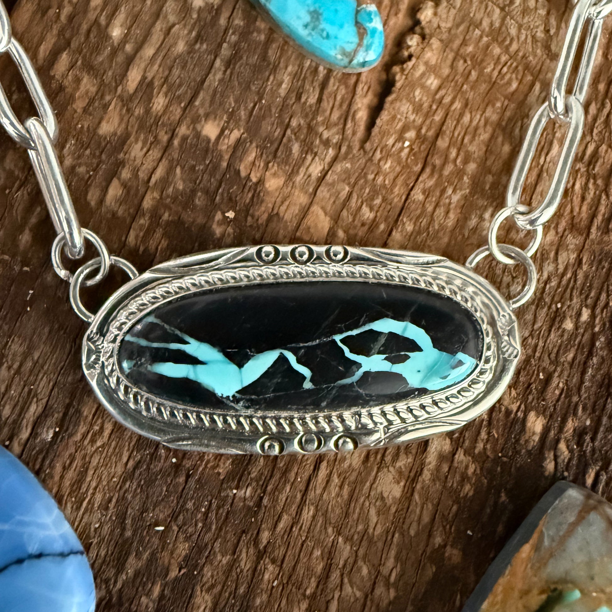 Authentic Native American Handmade Sterling Silver and Black Jack Turquoise Necklace