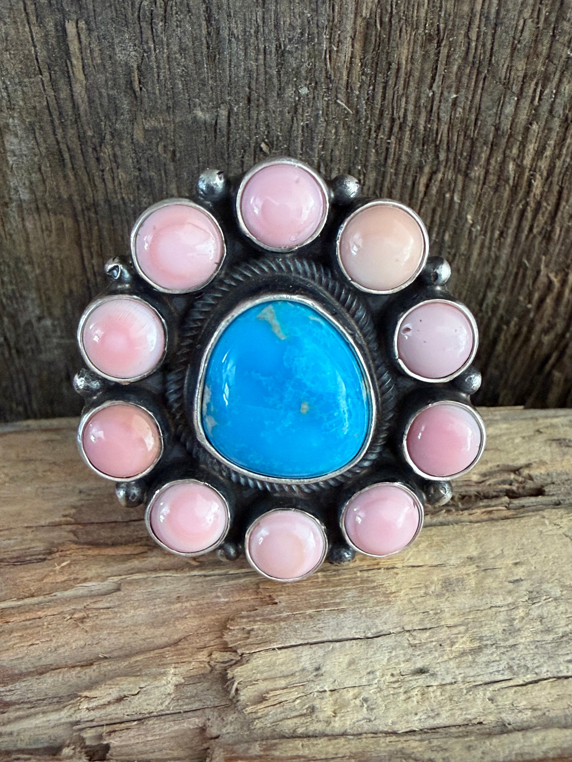 Native American Leon Martinez Handmade Pink Conch-Turquoise Cluster Adjustable Ring 🇺🇸