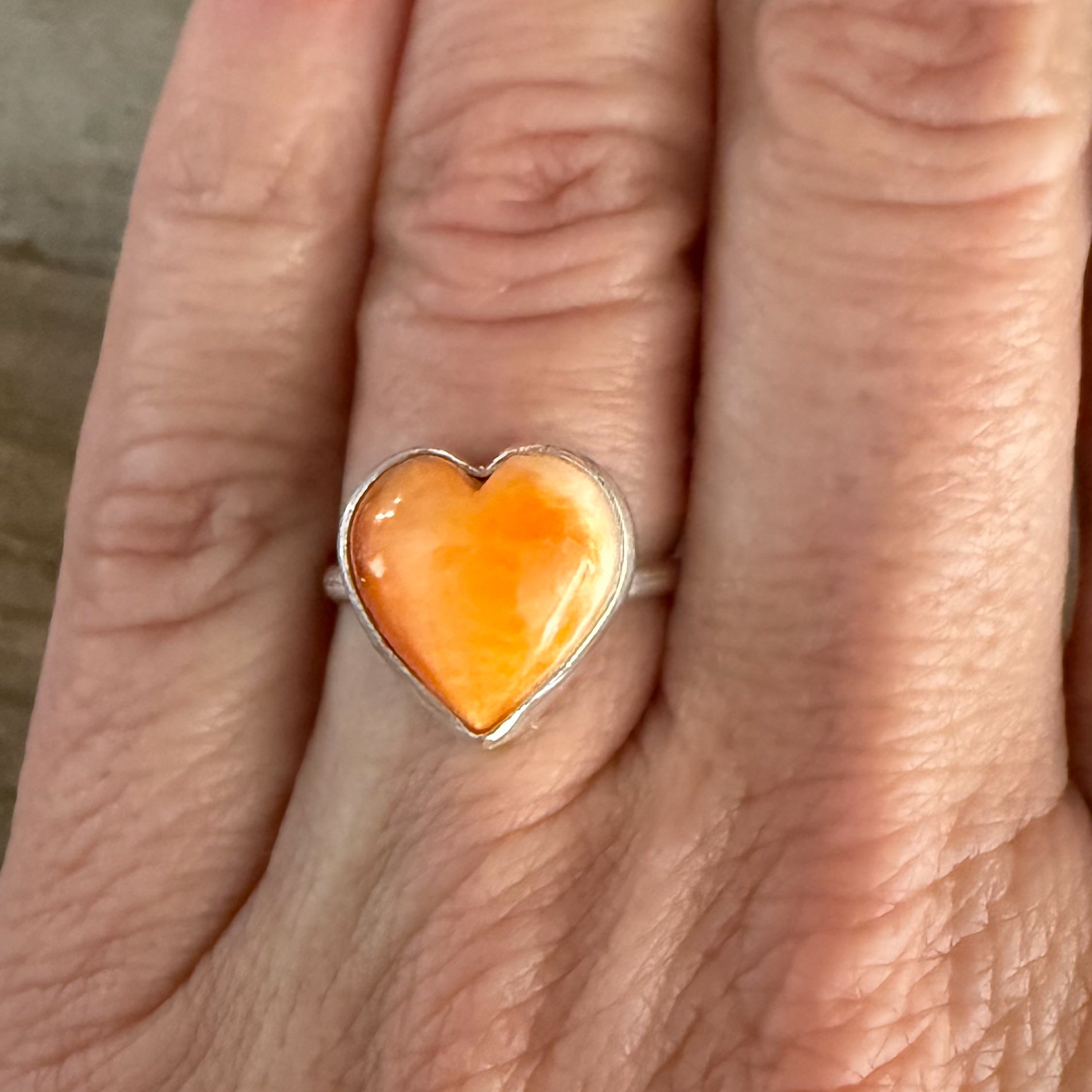 Authentic Native American Handmade Sterling Silver and Spiny Oyster Heart Shaped Ring size 5 1/2.
