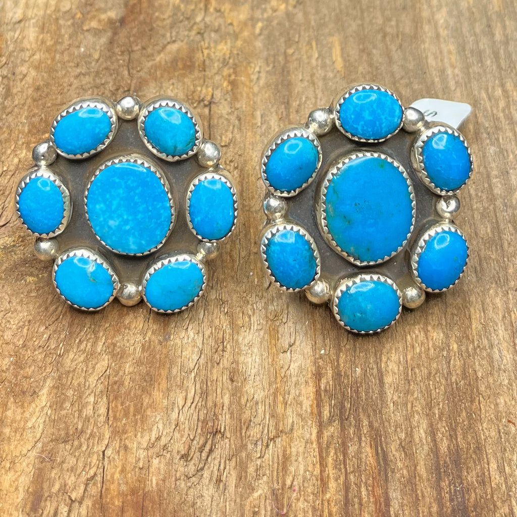 Authentic Native American Handmade Sterling Silver Turquoise Flower Cluster Ring Size 7 1/2.