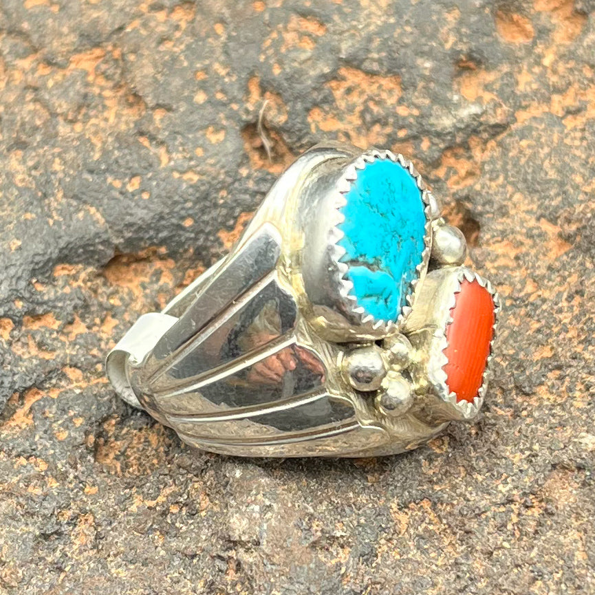 Men’s Authentic Native American Handmade Turquoise and Coral Sterling Silver Ring