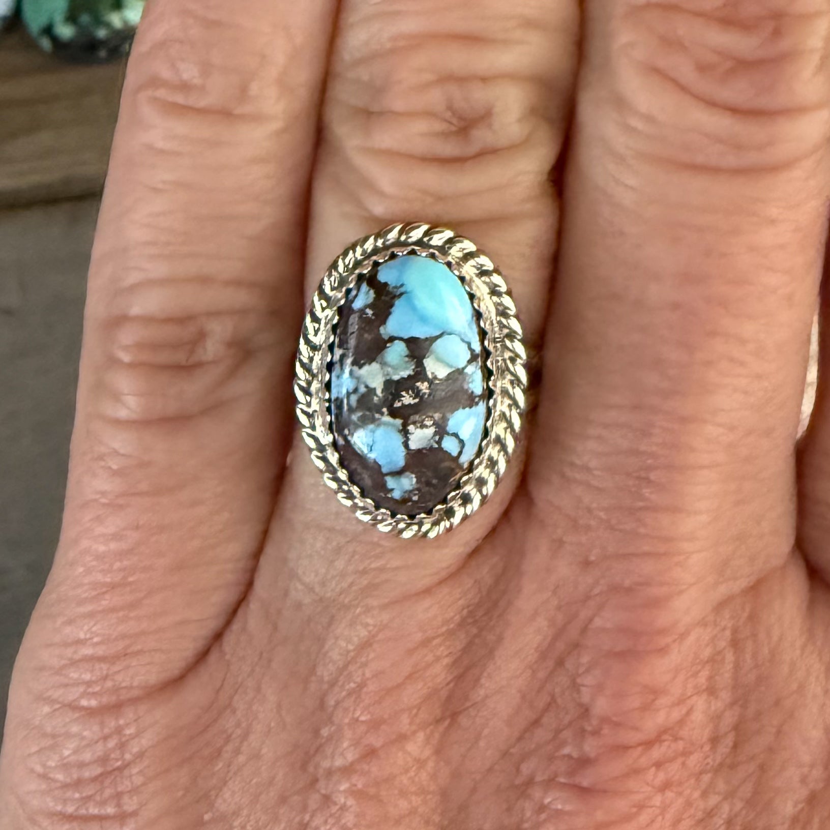 Authentic Native American Handmade Sterling Silver and Golden Hills Turquoise Ring size6 1/4.