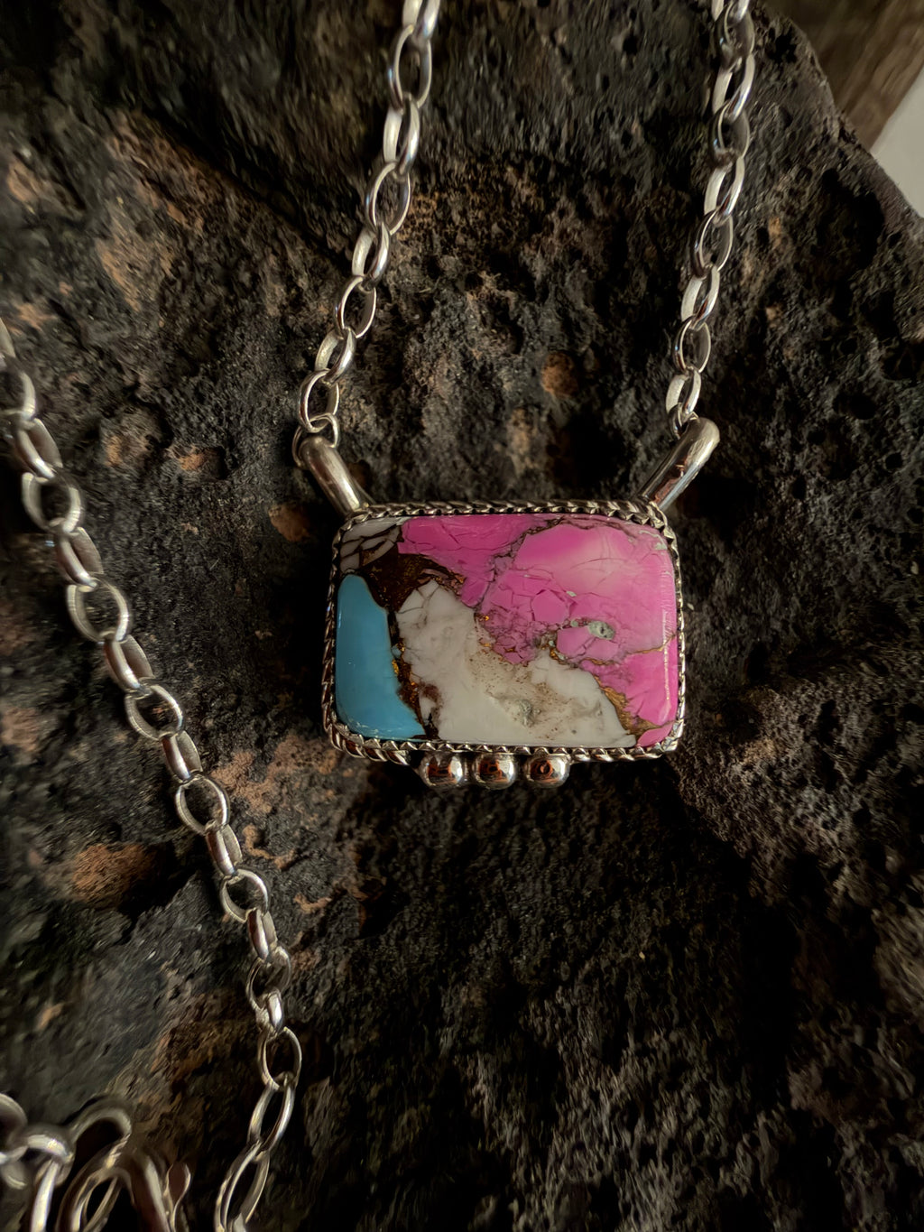 Native American Handmade Cotton Candy Pendant-Sterling Silver Necklace 18”