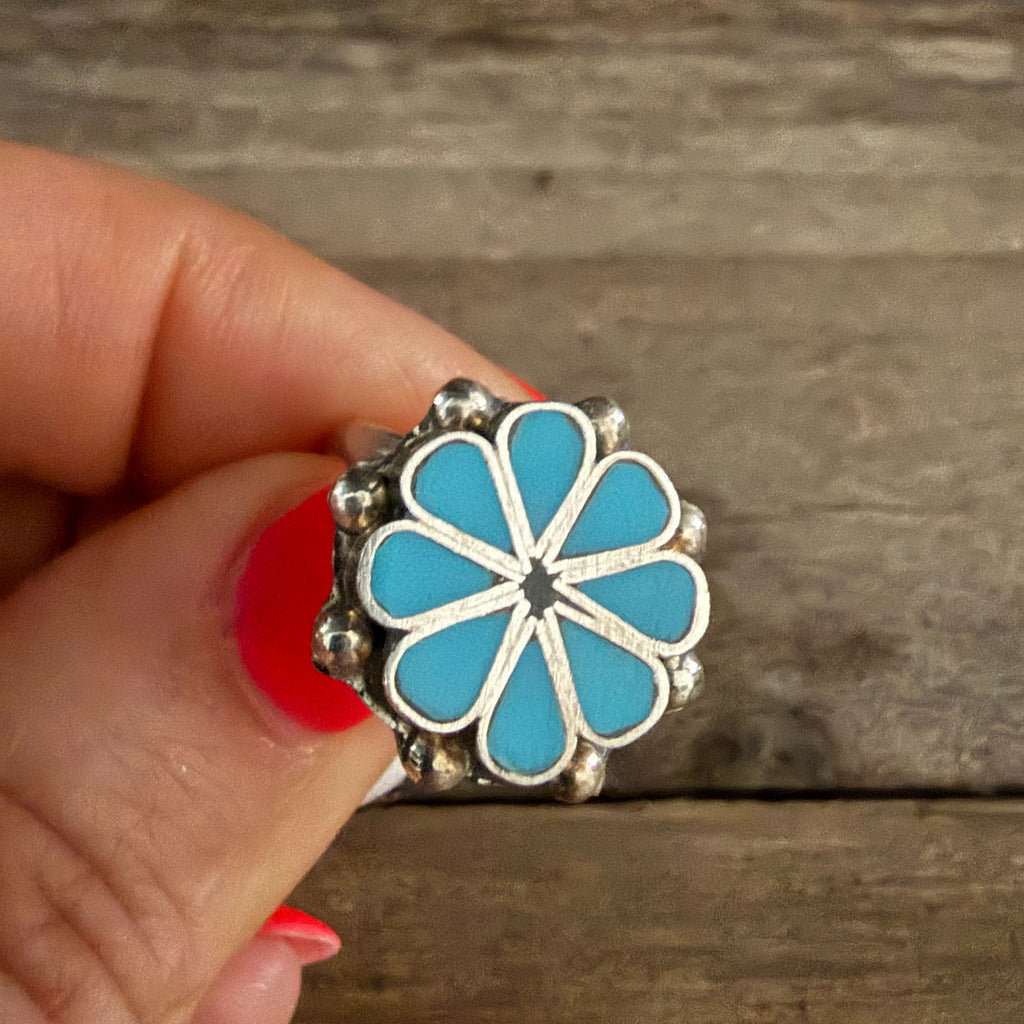 Authentic Native American Handmade Zuni Inlay Sterling Silver and Turquoise Ring size 6 1/4.