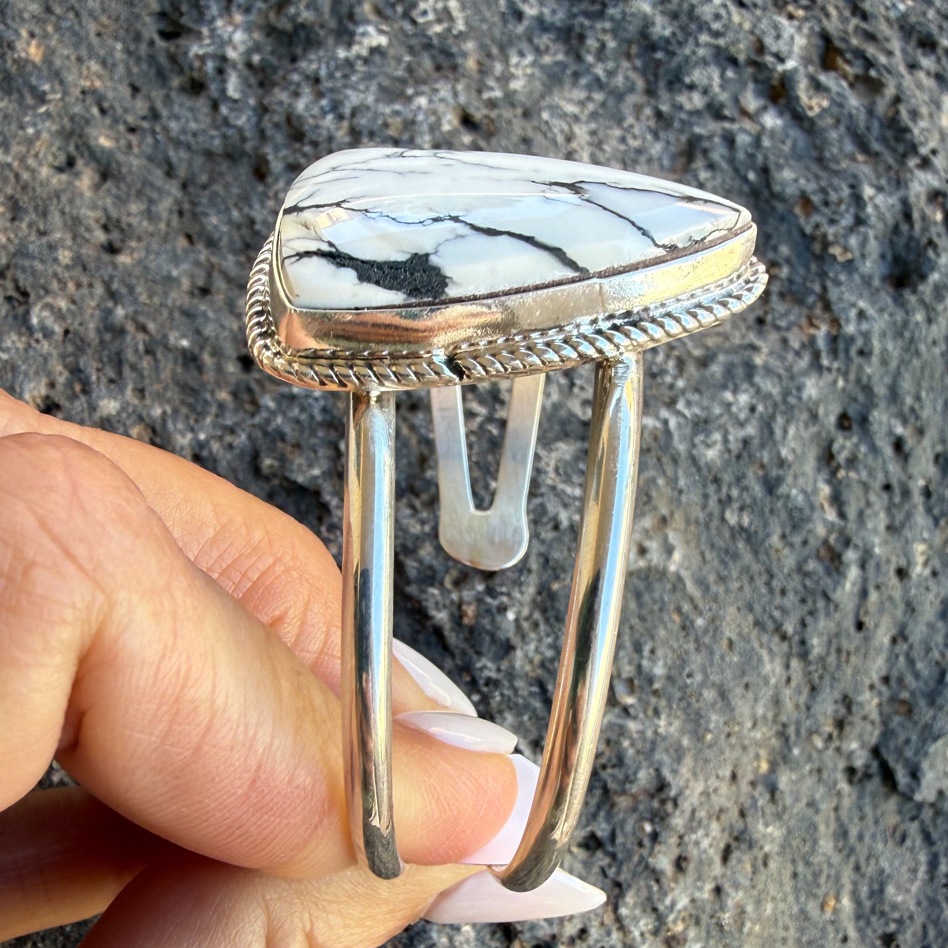 Authentic Native American Handmade Sterling Silver and White Buffalo Cuff Bracelet