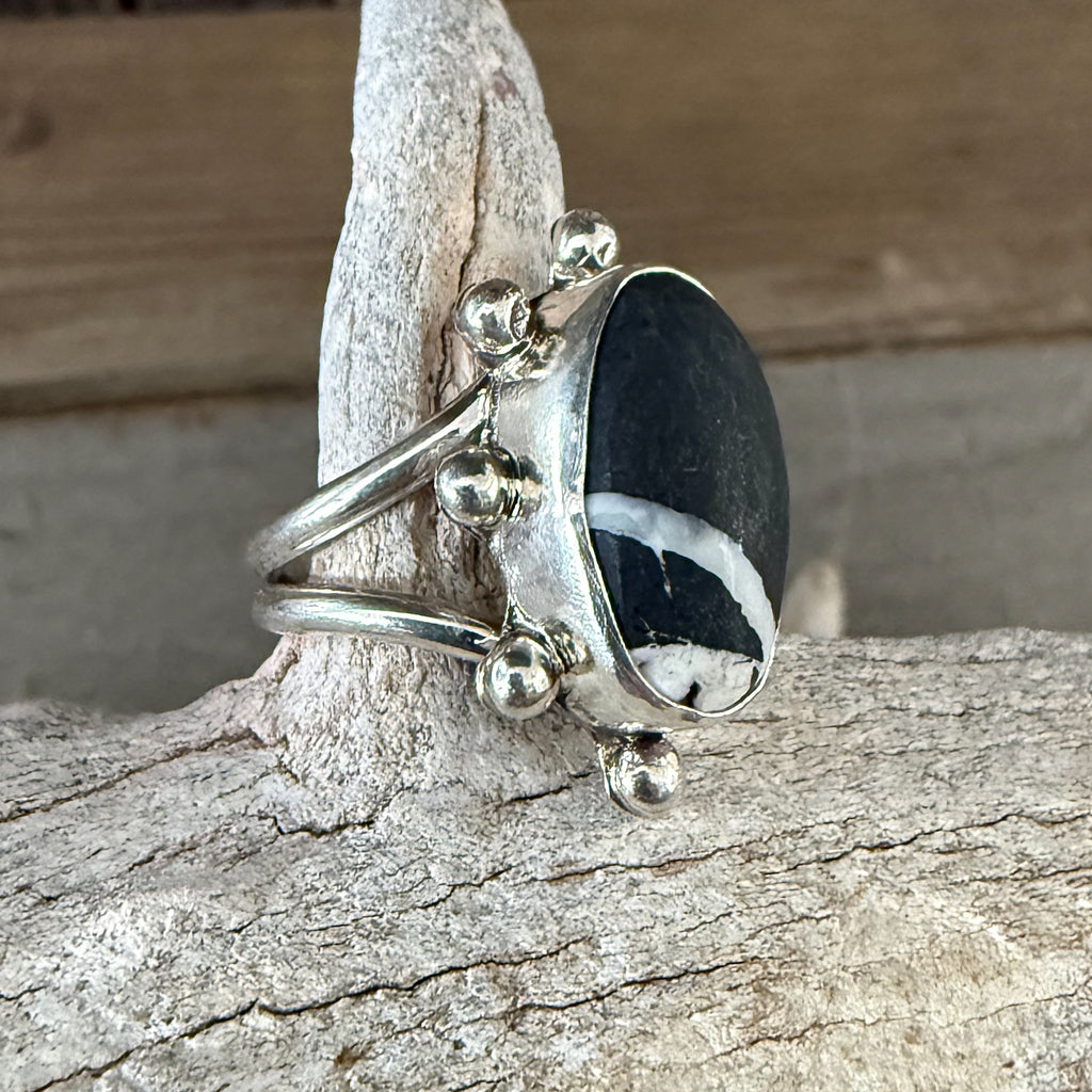 Authentic Native American Handmade Sterling Silver and White Buffalo Adjustment Ring