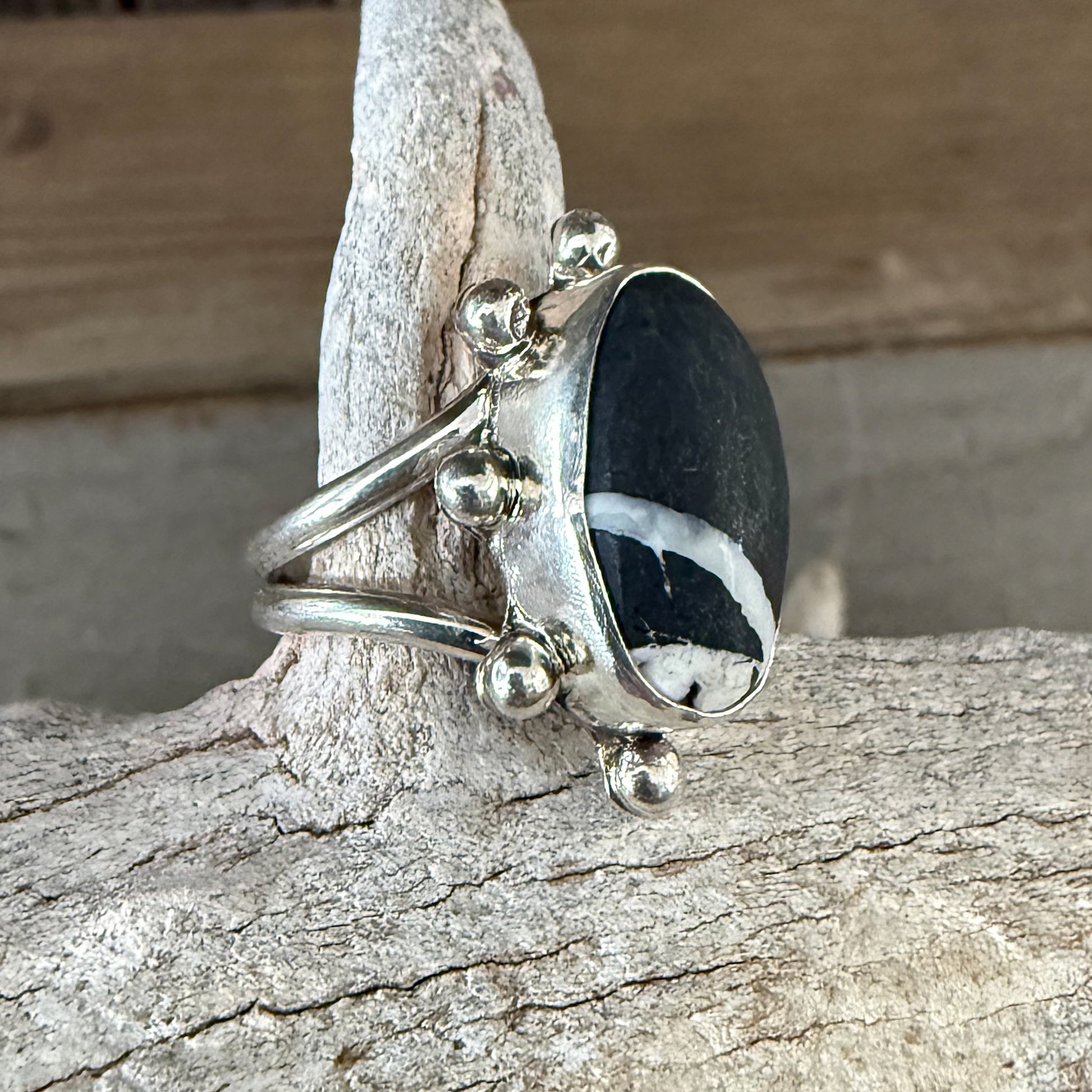 Authentic Native American Handmade Sterling Silver and White Buffalo Adjustment Ring