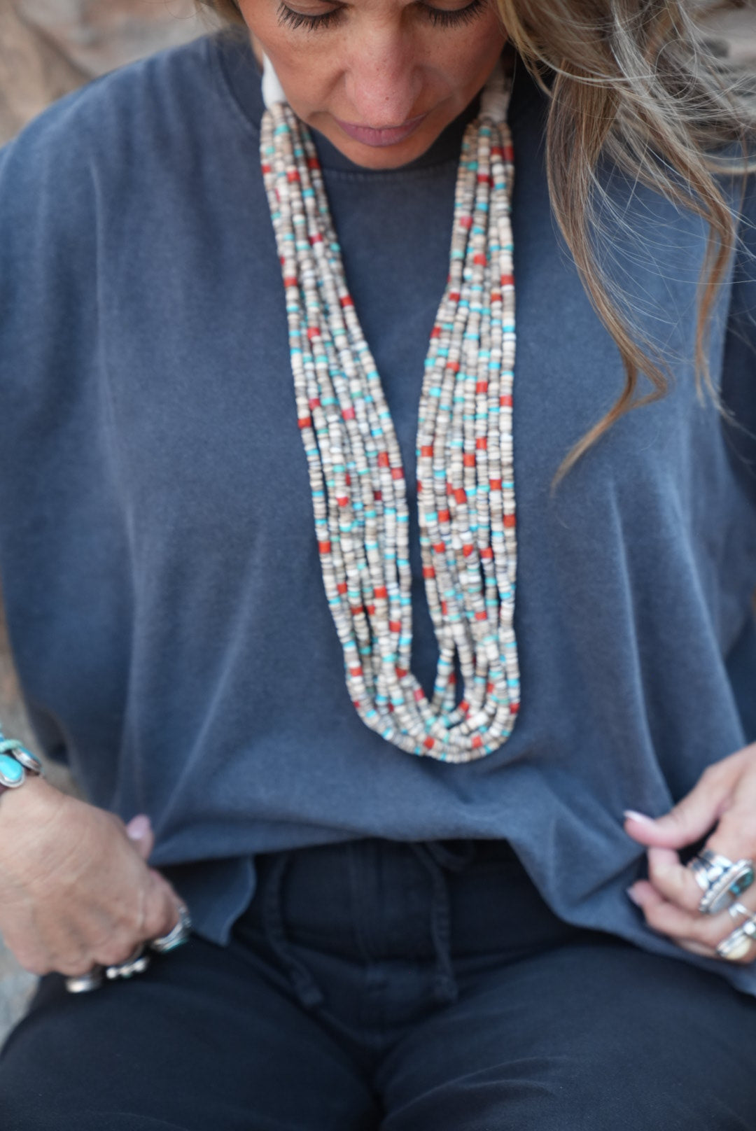 Native American Marquez Tachiini Handmade Olive Shell Heishi, Kingman,Mediterranean Coral Necklace