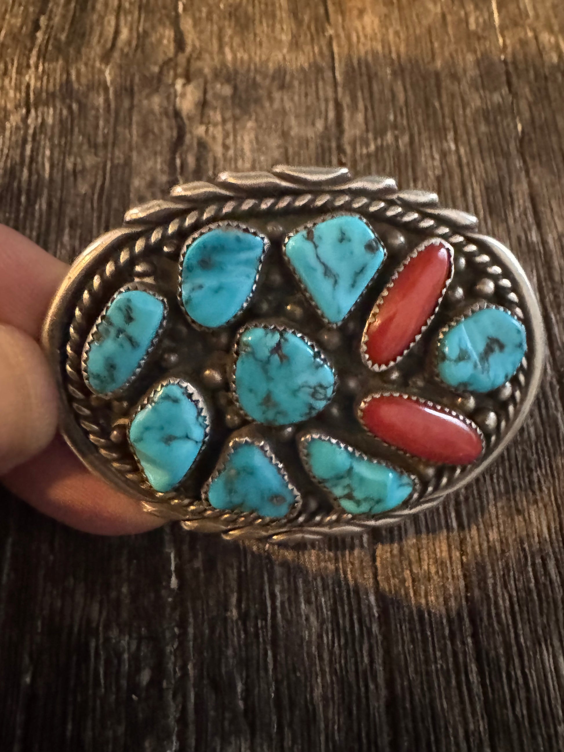 Vintage 1970 Kingman-Coral Turquoise Belt Buckle