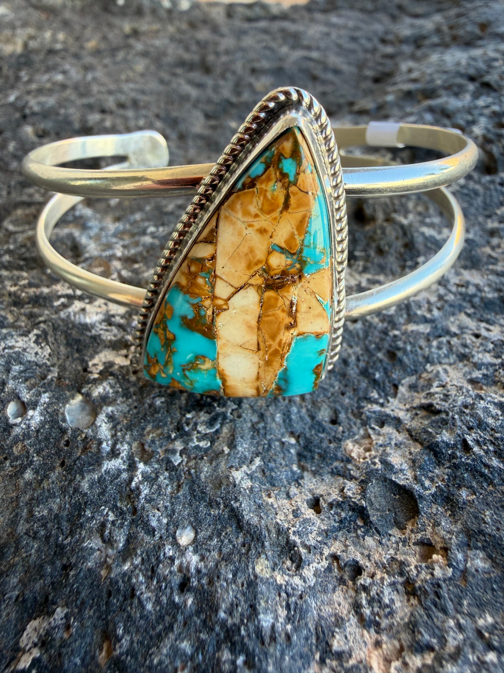 Native American Jennifer Begay Handmade Sterling Silver-Royston Ribbon Turquoise Bracelet-Cuff (Women’s)