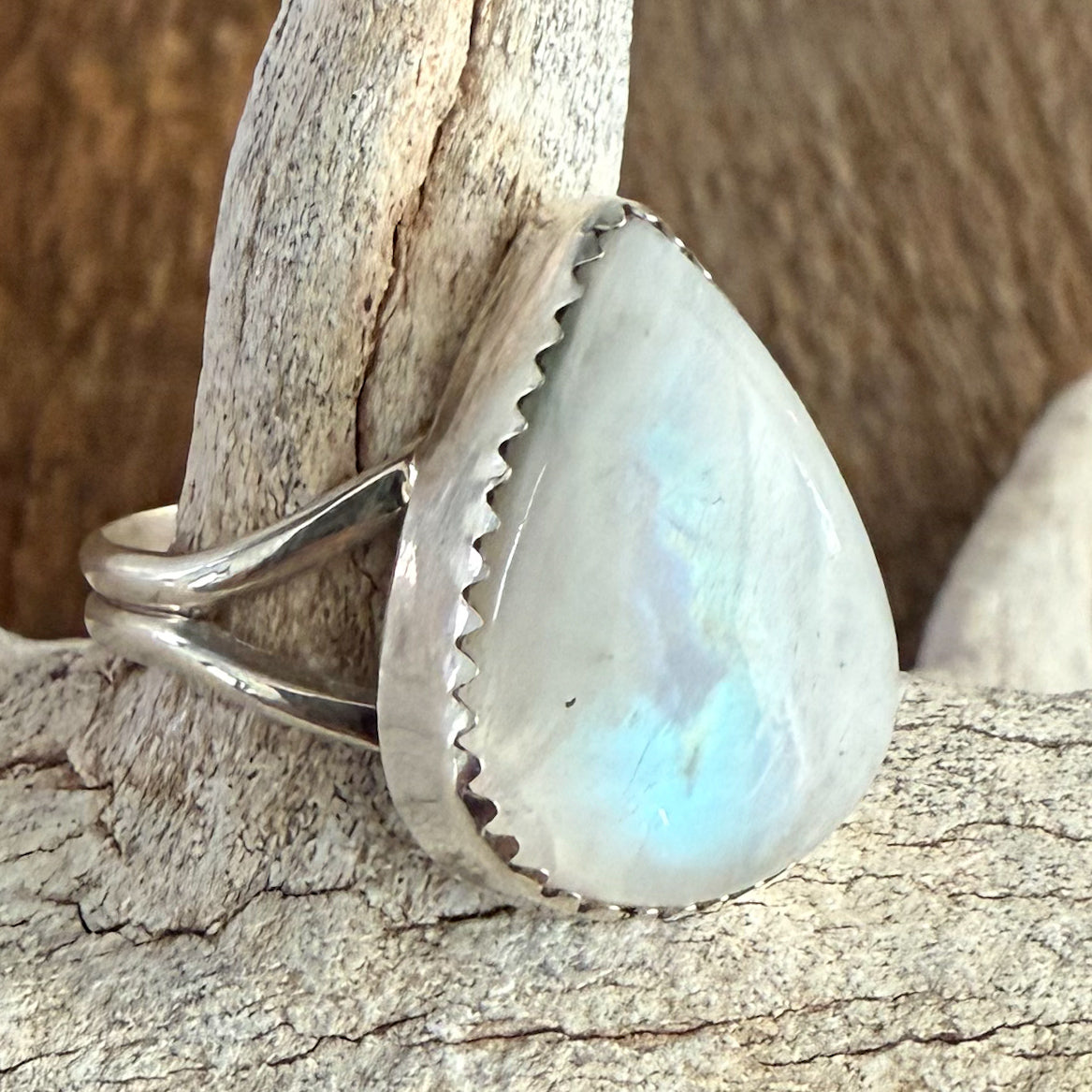 Authentic Native American Handmade Sterling Silver and Moonstone Ring Size 7 1/2.