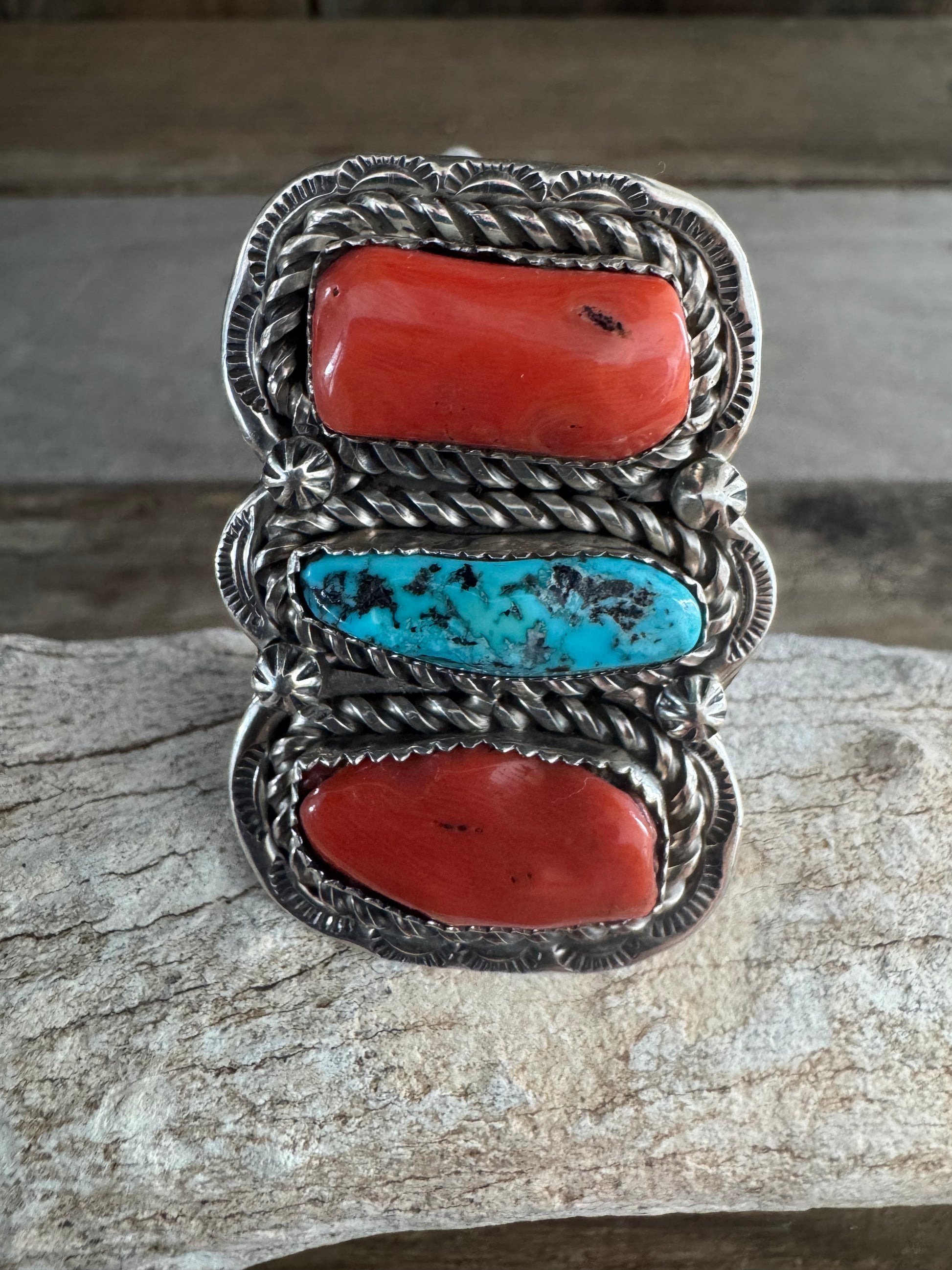 Vintage Handmade Silver-Turquoise and Coral Adjustable Ring
