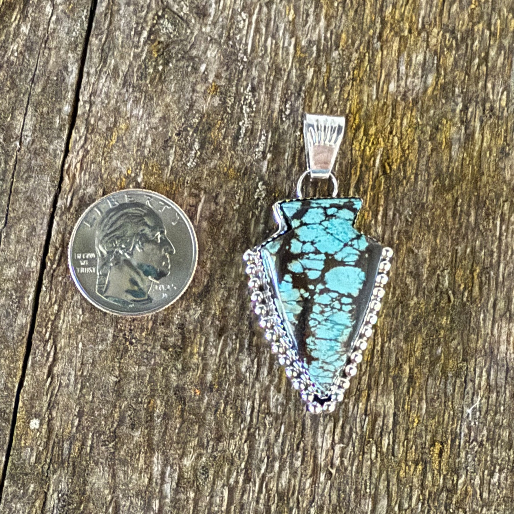 Authentic Native American Handmade Sterling Silver and Hubei Turquoise Arrowhead Pendant.