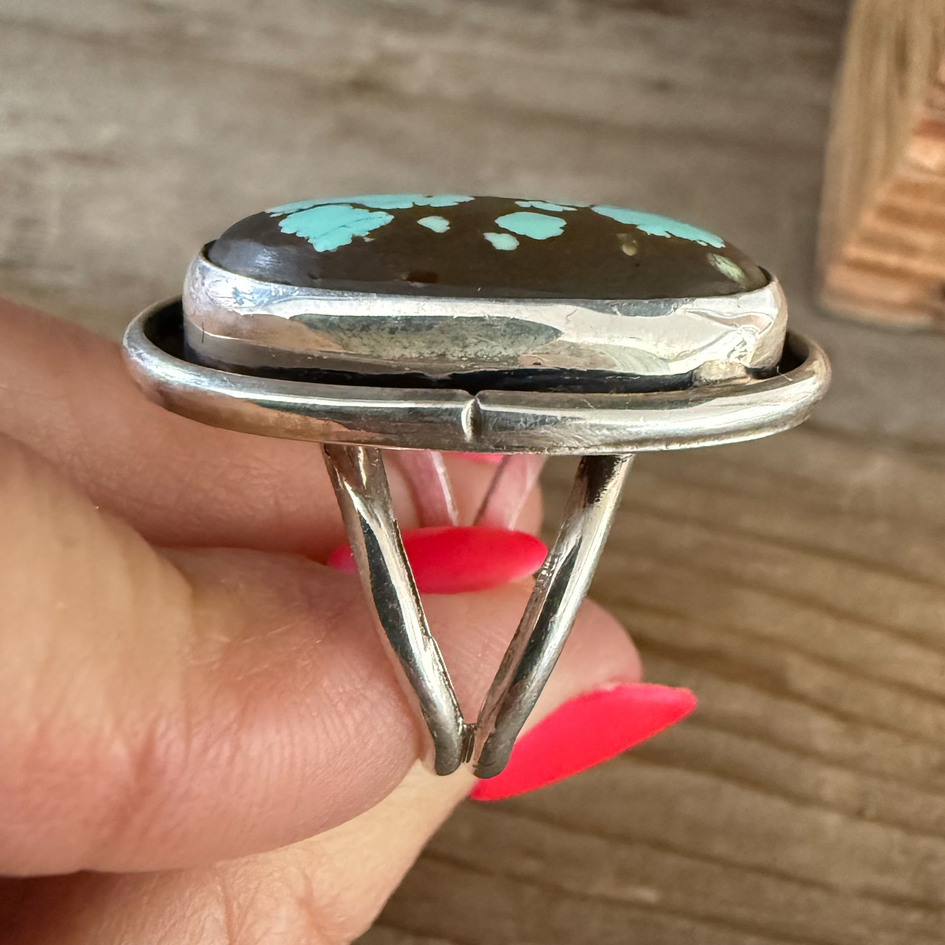 Authentic Native American Handmade Sterling Silver and Number 8 Turquoise Ring size 8.