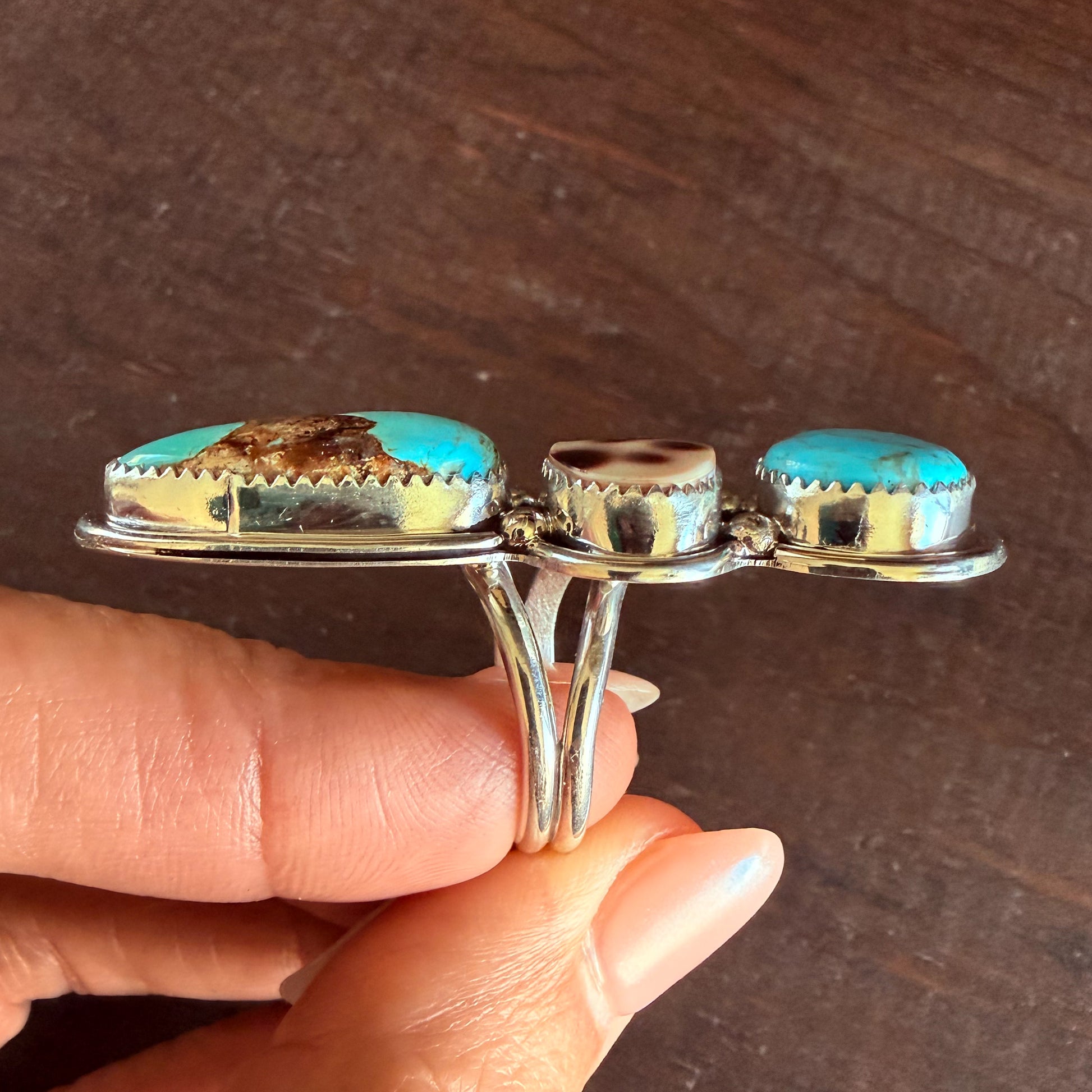 Authentic Native American Handmade Sterling Silver, Turquoise and Cowrie Shell Triple Stack Ring size 7 1/2