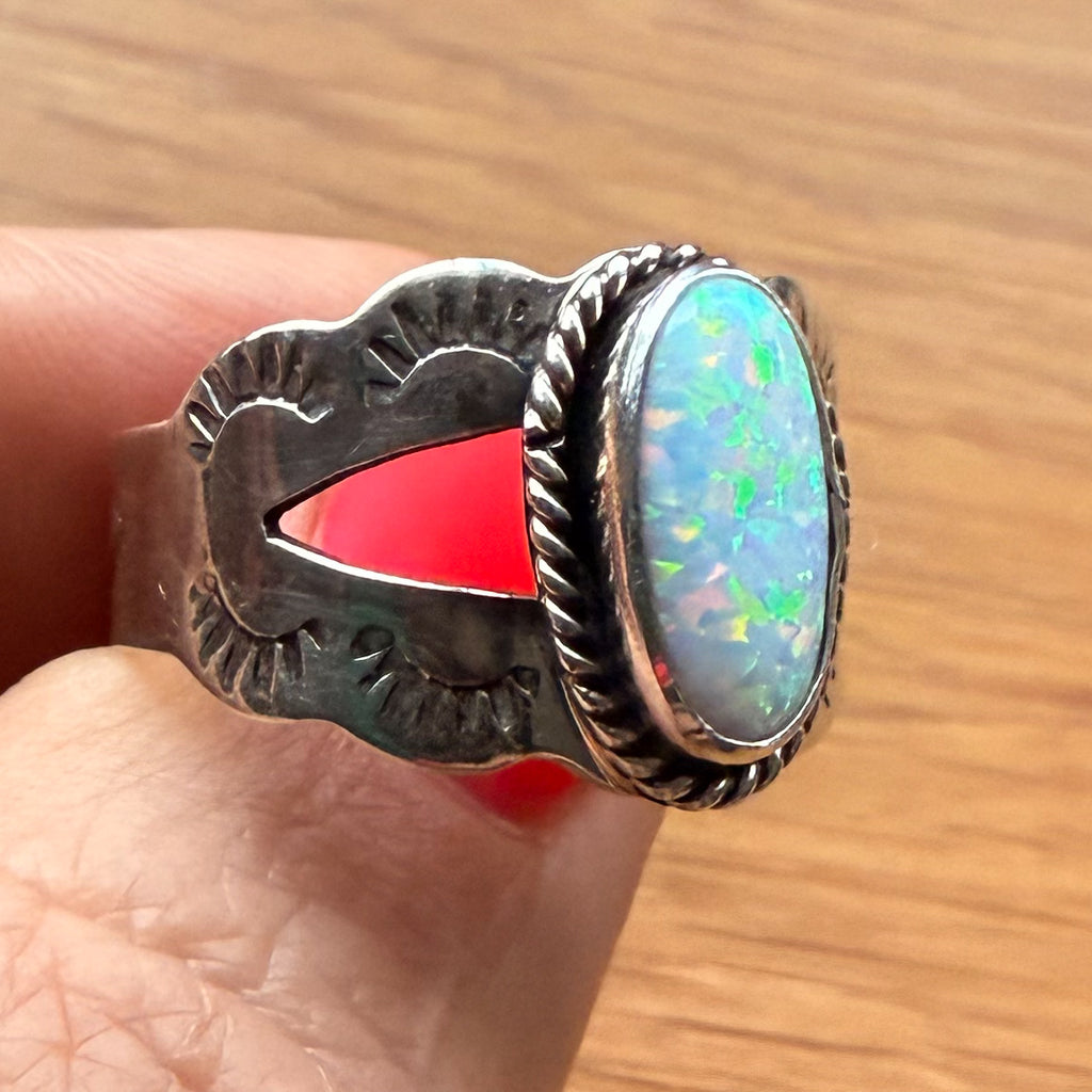 Authentic Native American Handmade Stamped Sterling Silver and Opal Ring size 10.