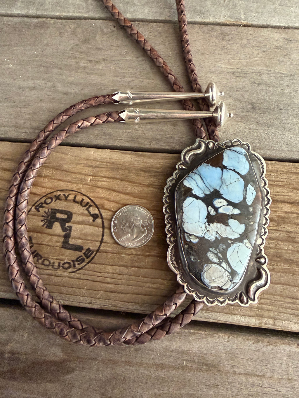 Native Randy Begay Handmade Sterling Silver Blue Lavender Large Bolo Tie 12MM Large Leather w/Large Sterling Tips.
