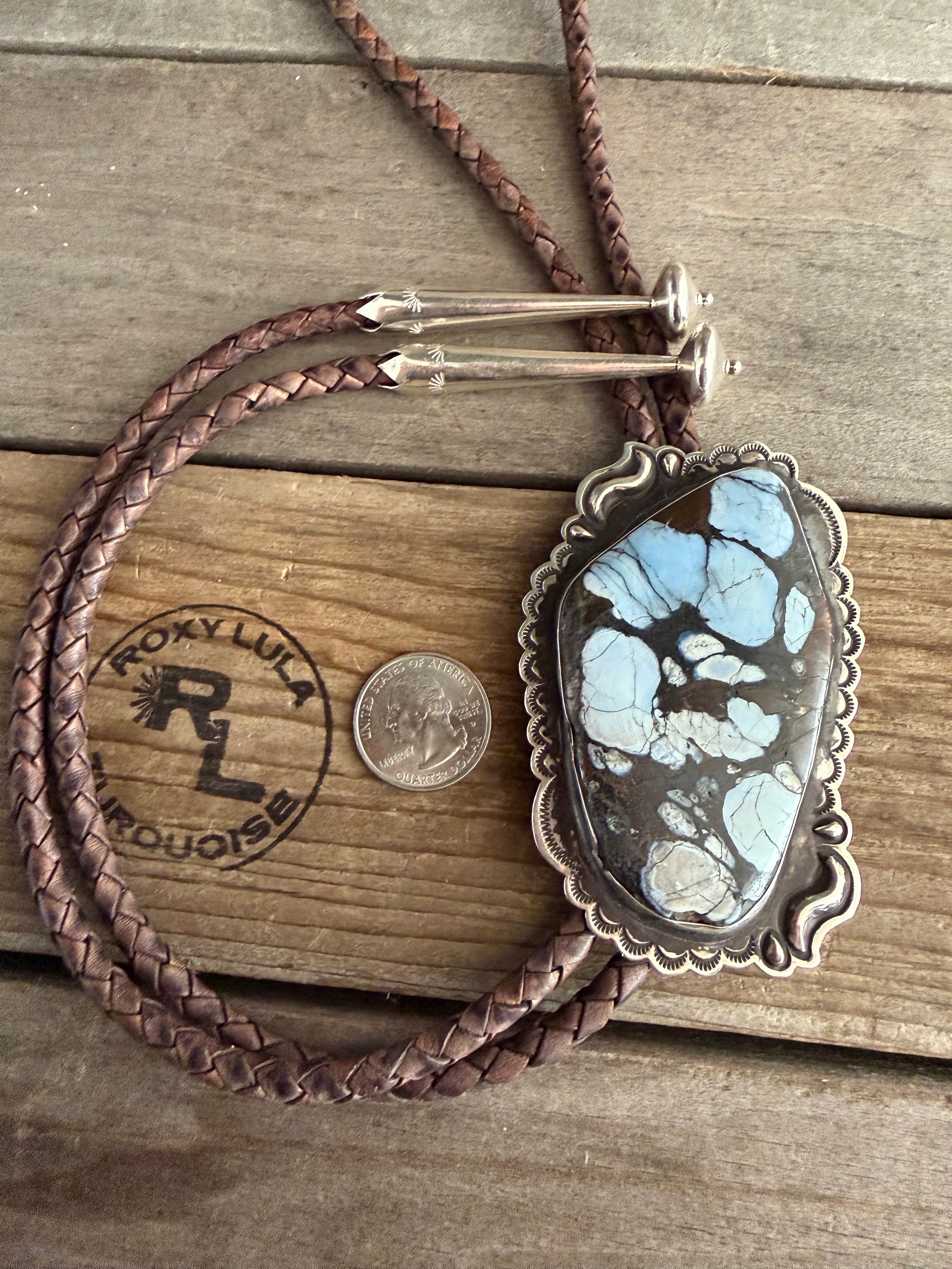 Native Randy Begay Handmade Sterling Silver Blue Lavender Large Bolo Tie 12MM Large Leather w/Large Sterling Tips.
