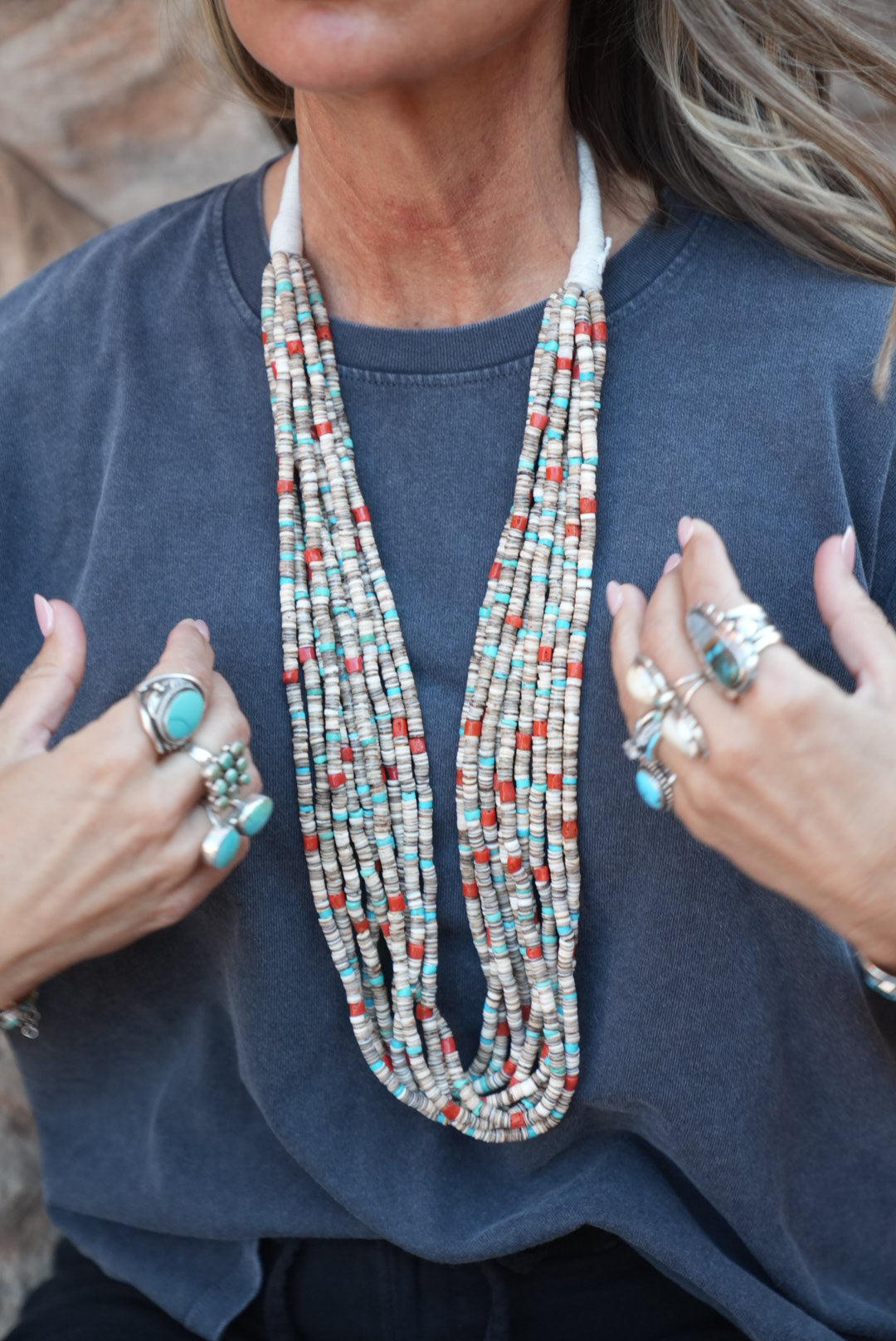 Native American Marquez Tachiini Handmade Olive Shell Heishi, Kingman,Mediterranean Coral Necklace