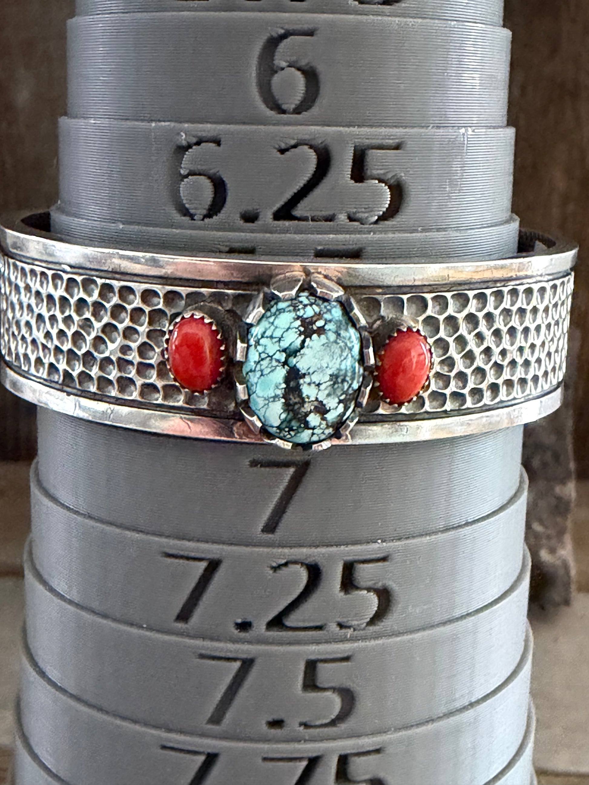 Handmade Sterling Silver Blue Moon Turquoise and Coral Women’s Bracelet/Cuff (non-native) by TV Custom Silver