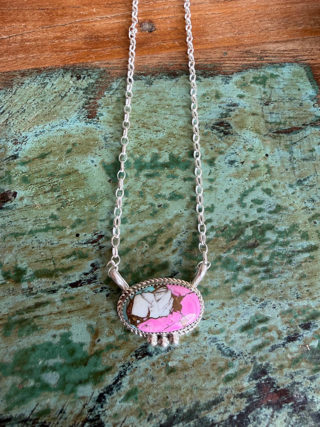 Native American Handmade Cotton Candy Pendant-Sterling Silver Necklace 18”