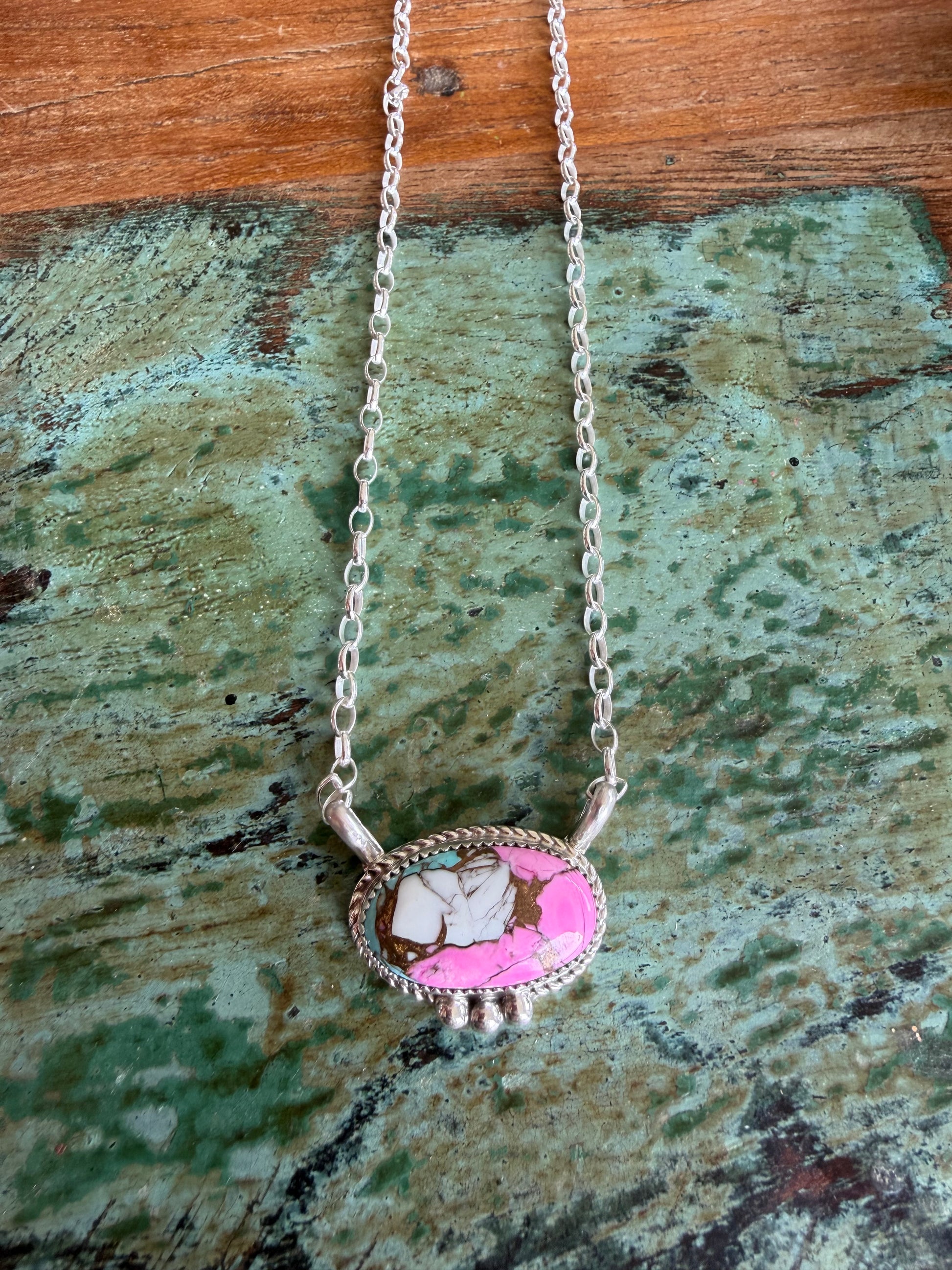 Native American Handmade Cotton Candy Pendant-Sterling Silver Necklace 18”
