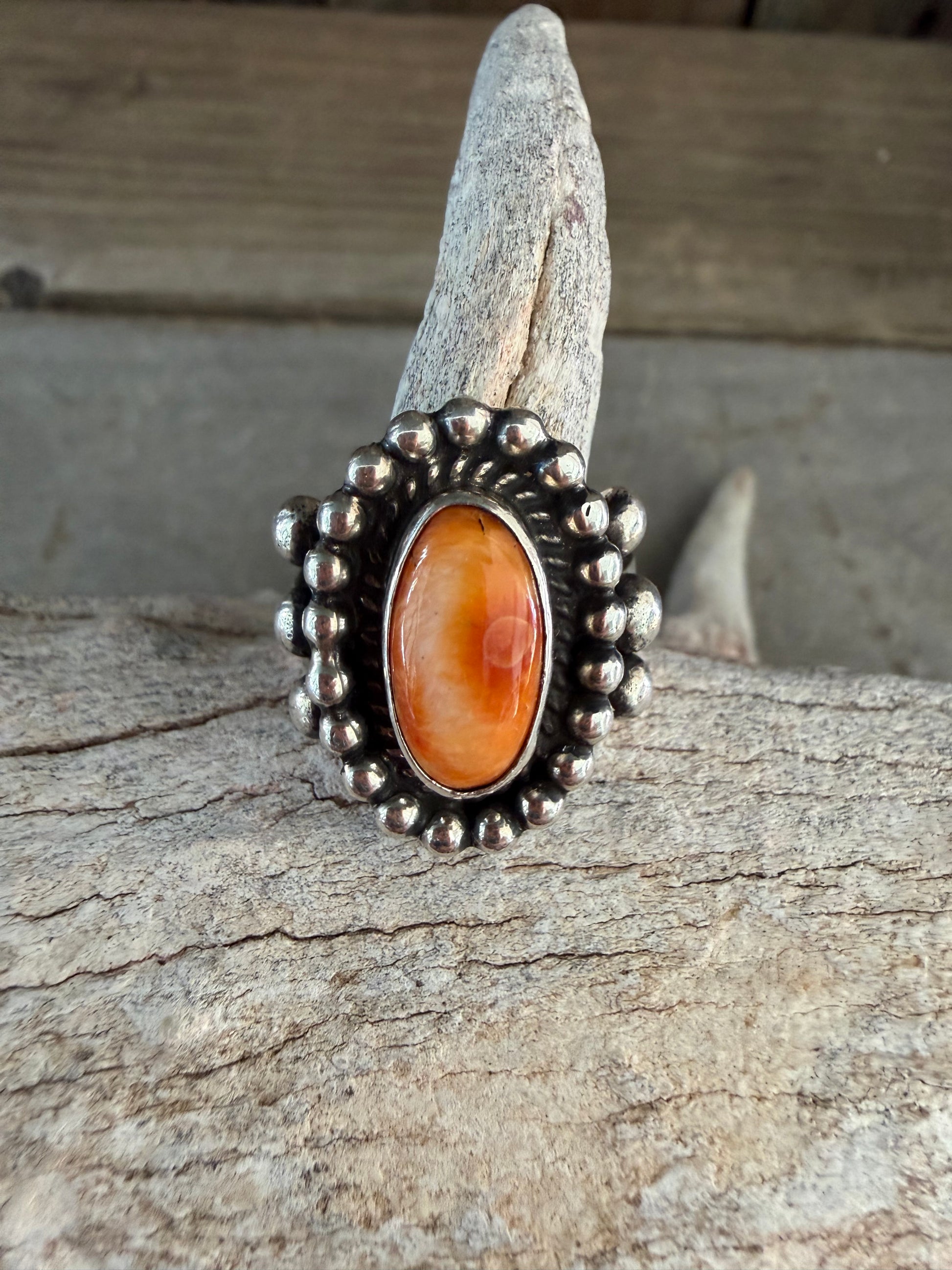 Native American Linda Yazzie Handmade Sterling Silver-Spiny Oyster Ring Size 7.75