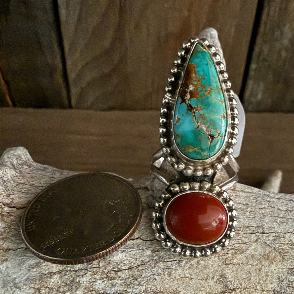 Authentic Native American Handmade Red Jasper and Turquoise Ring Size 7 1/2.