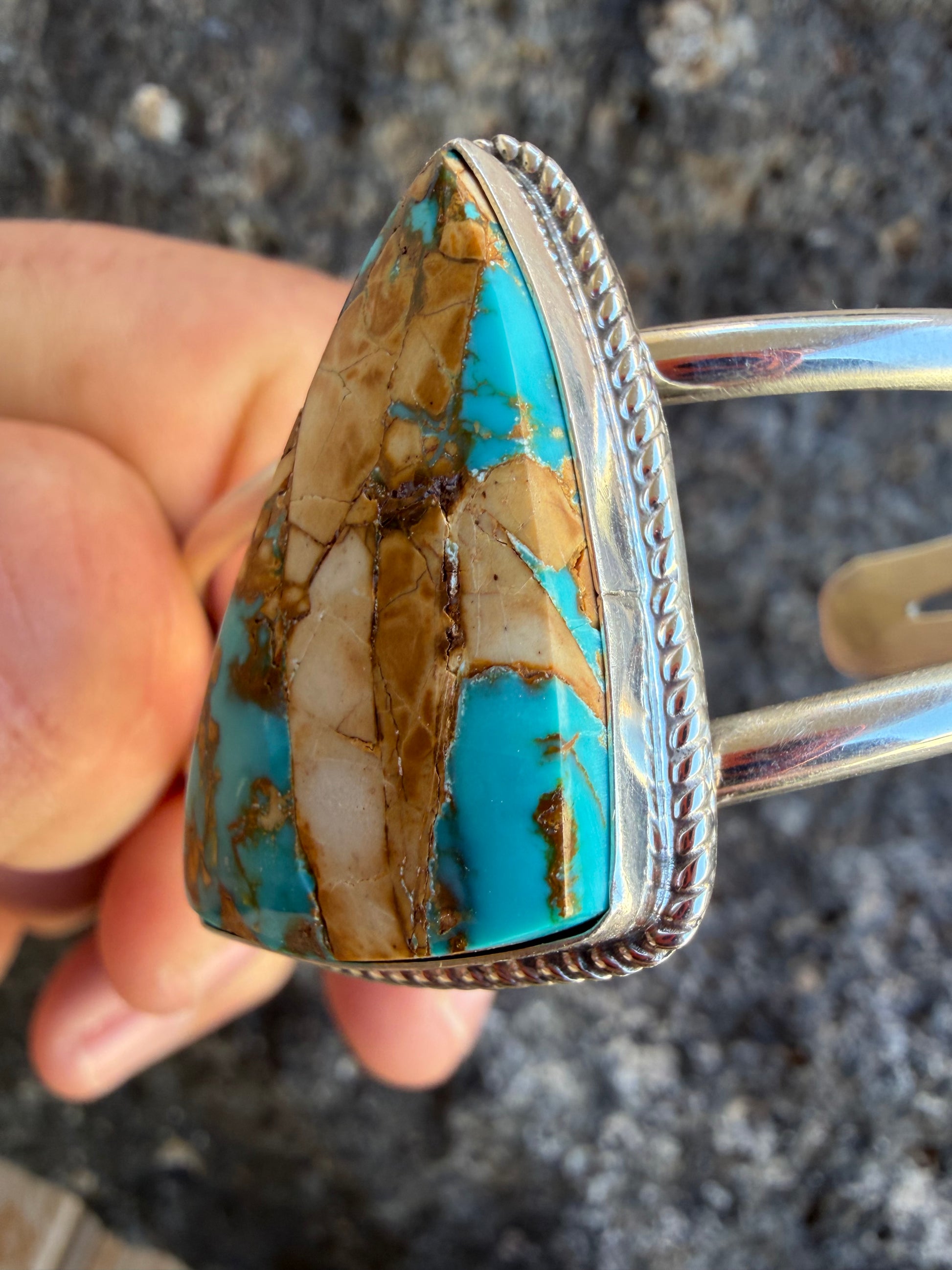 Native American Jennifer Begay Handmade Sterling Silver-Royston Ribbon Turquoise Bracelet-Cuff (Women’s)