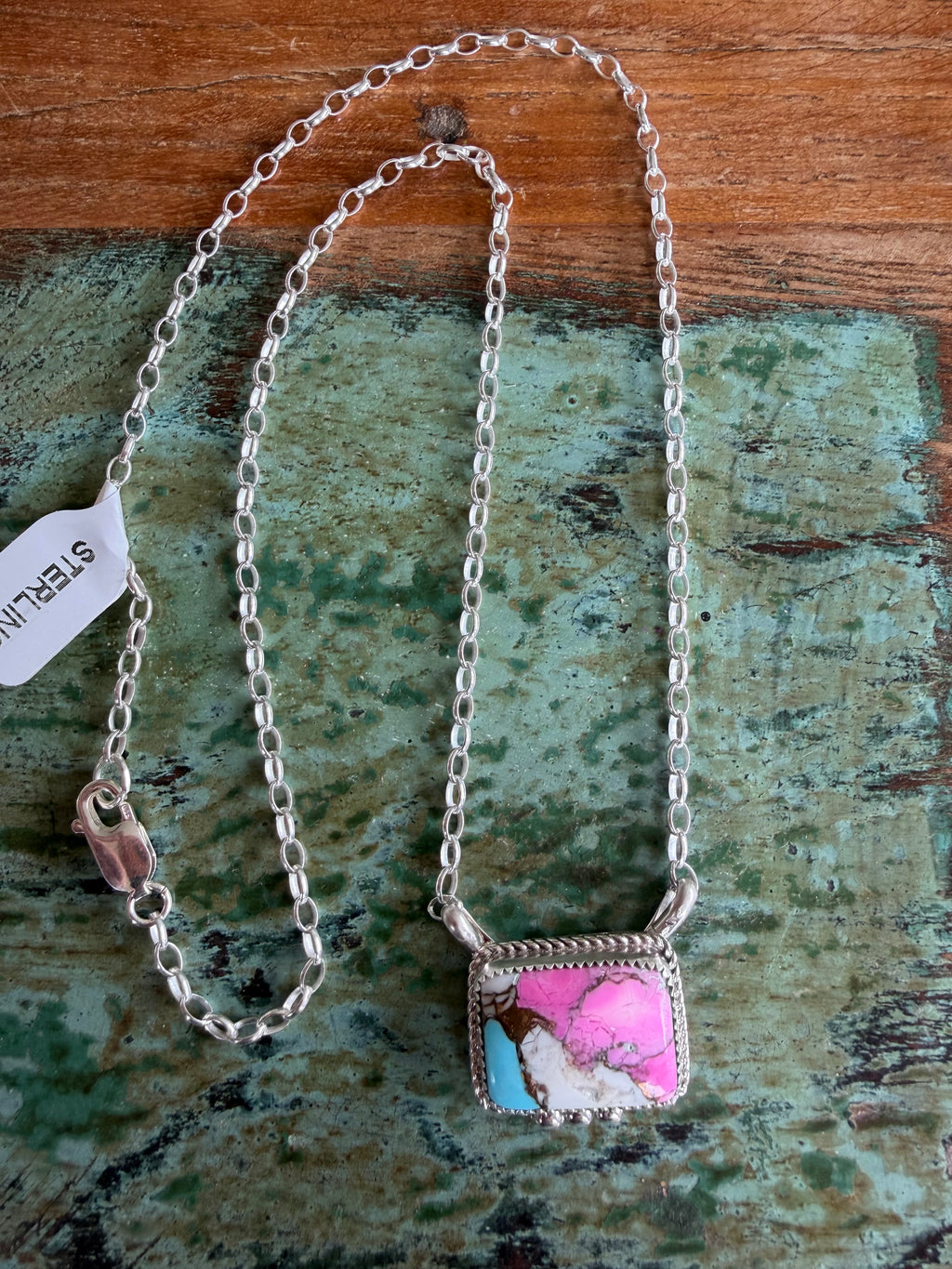 Native American Handmade Cotton Candy Pendant-Sterling Silver Necklace 18”