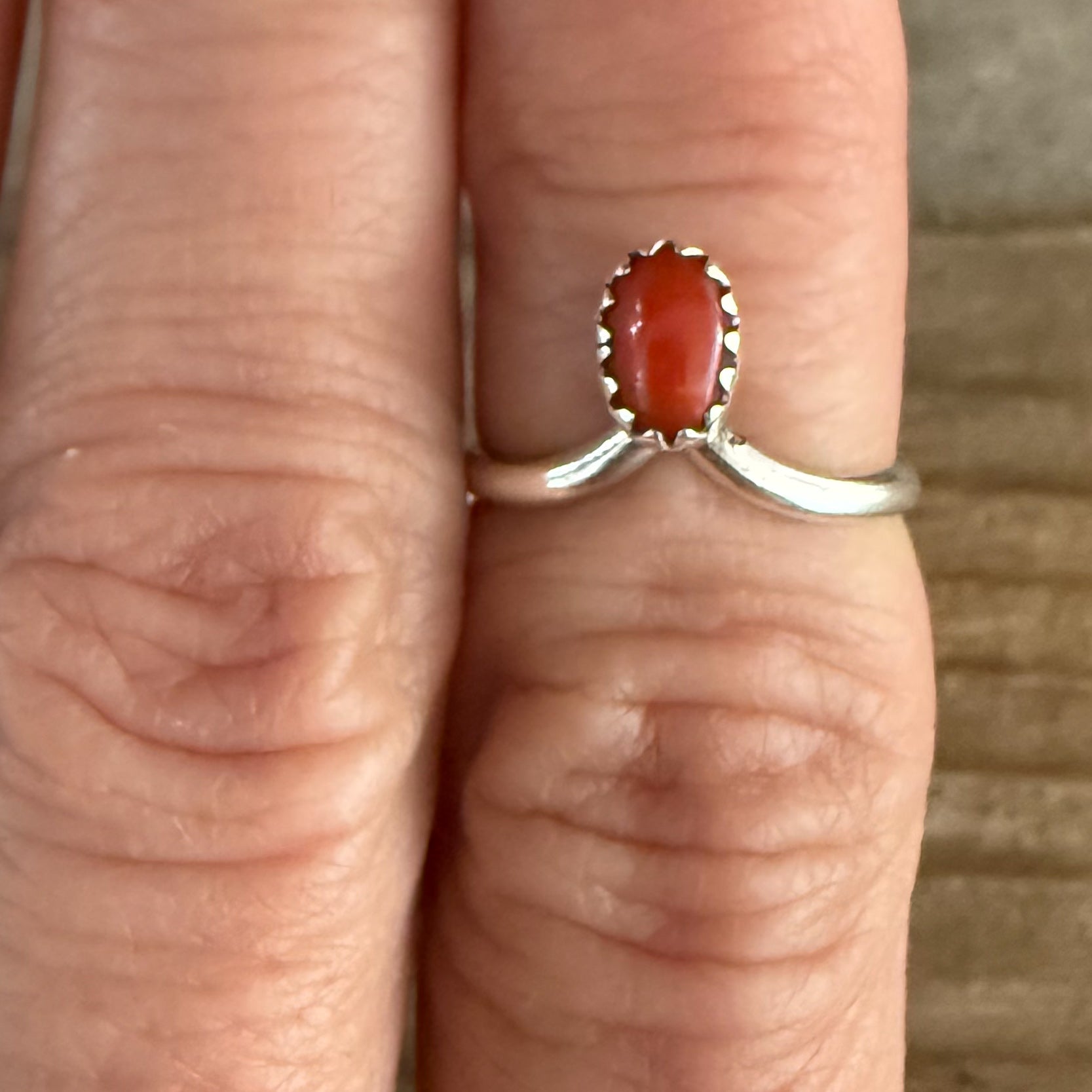 Authentic Native American Handmade Sterling Silver and Coral Ring sizes, 5, 6 1/4, and 8 1/4.