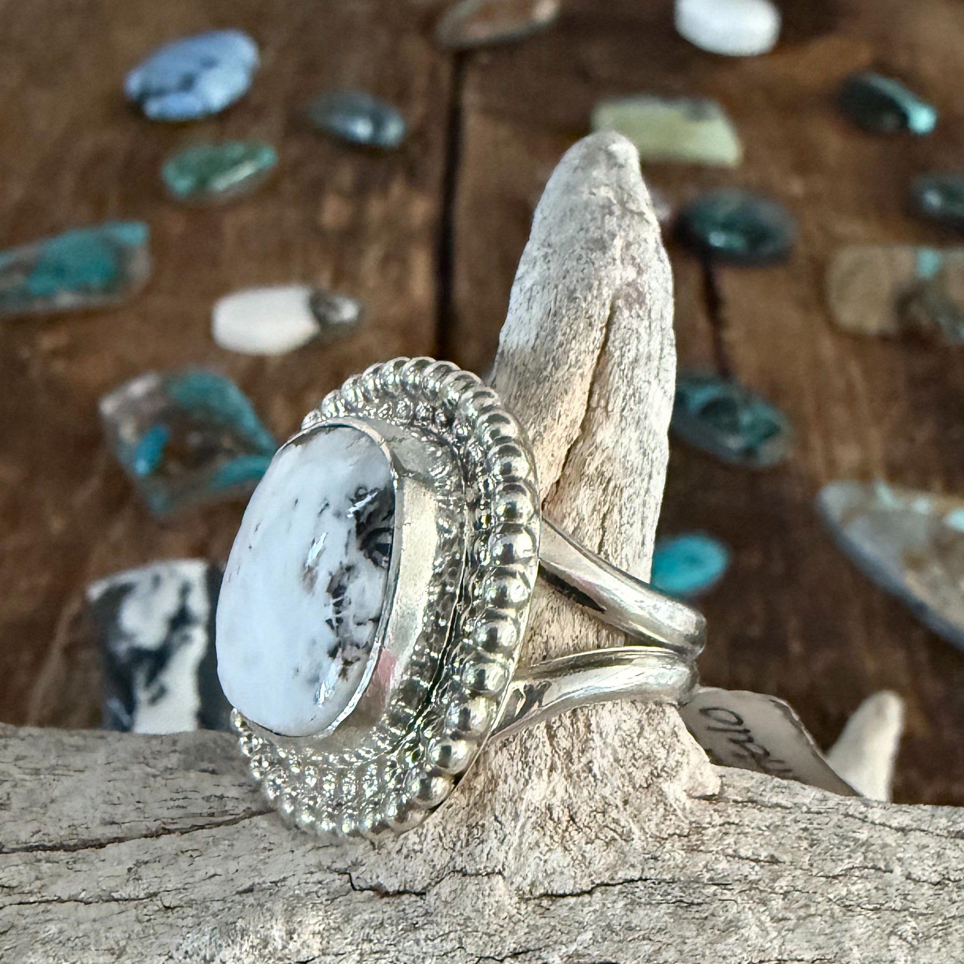 Authentic Native American Handmade Sterling Silver and White Buffalo Ring size 8 1/4.