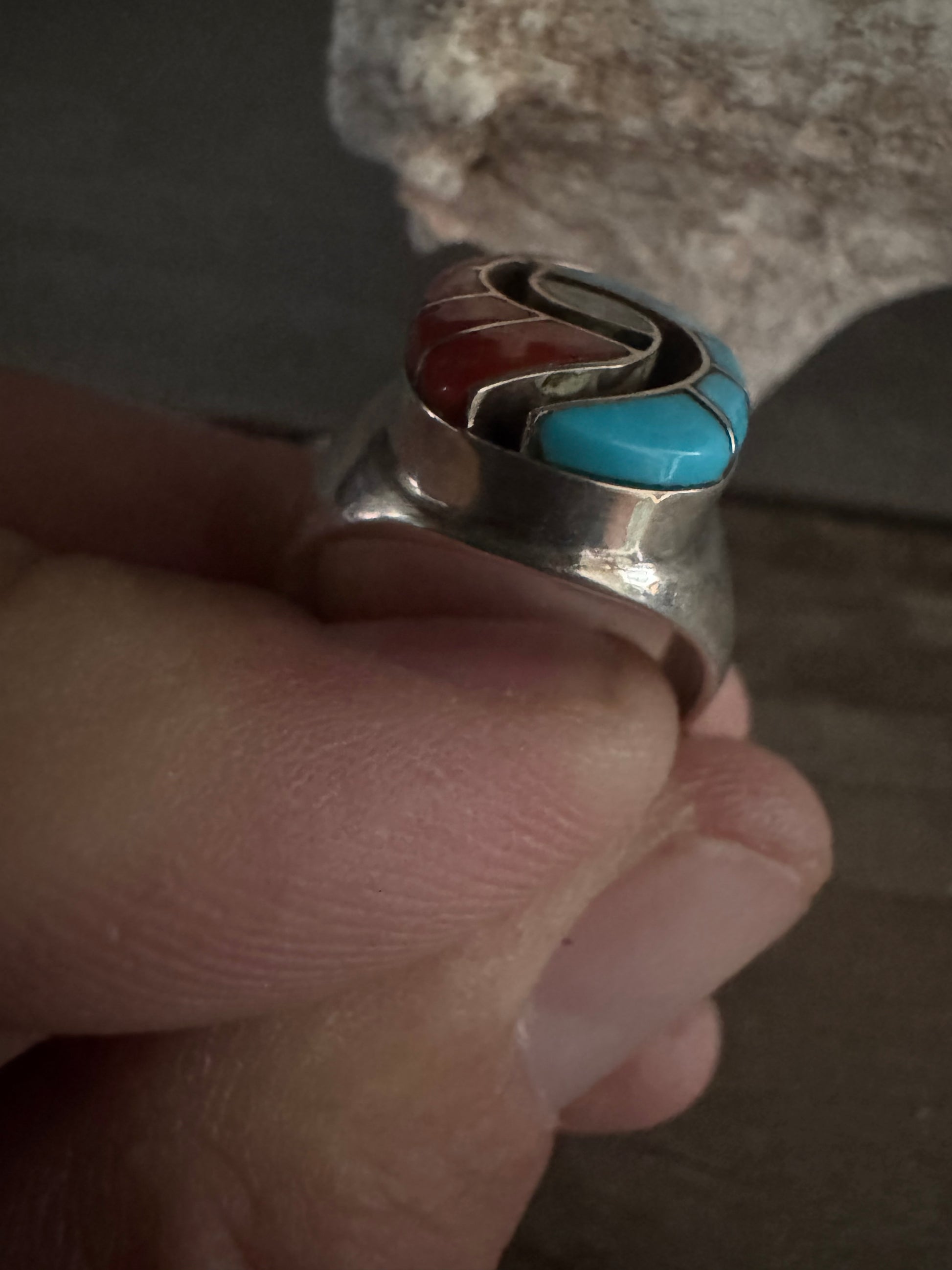 Turquoise-Mother of Pearl-Coral Handmade Ring Size 9.5