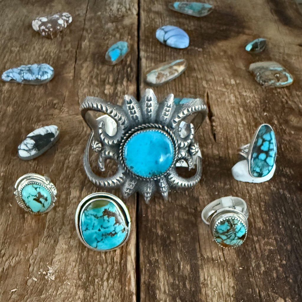 Authentic Native American Richard Yazza Tufa Cast Sterling Silver and Kingman Turquoise Cuff Bracelet