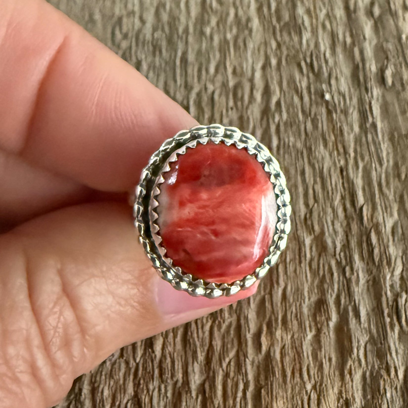 Authentic Native American Handmade Sterling Silver and Red Spiny Oyster Ring Size 5 1/2.