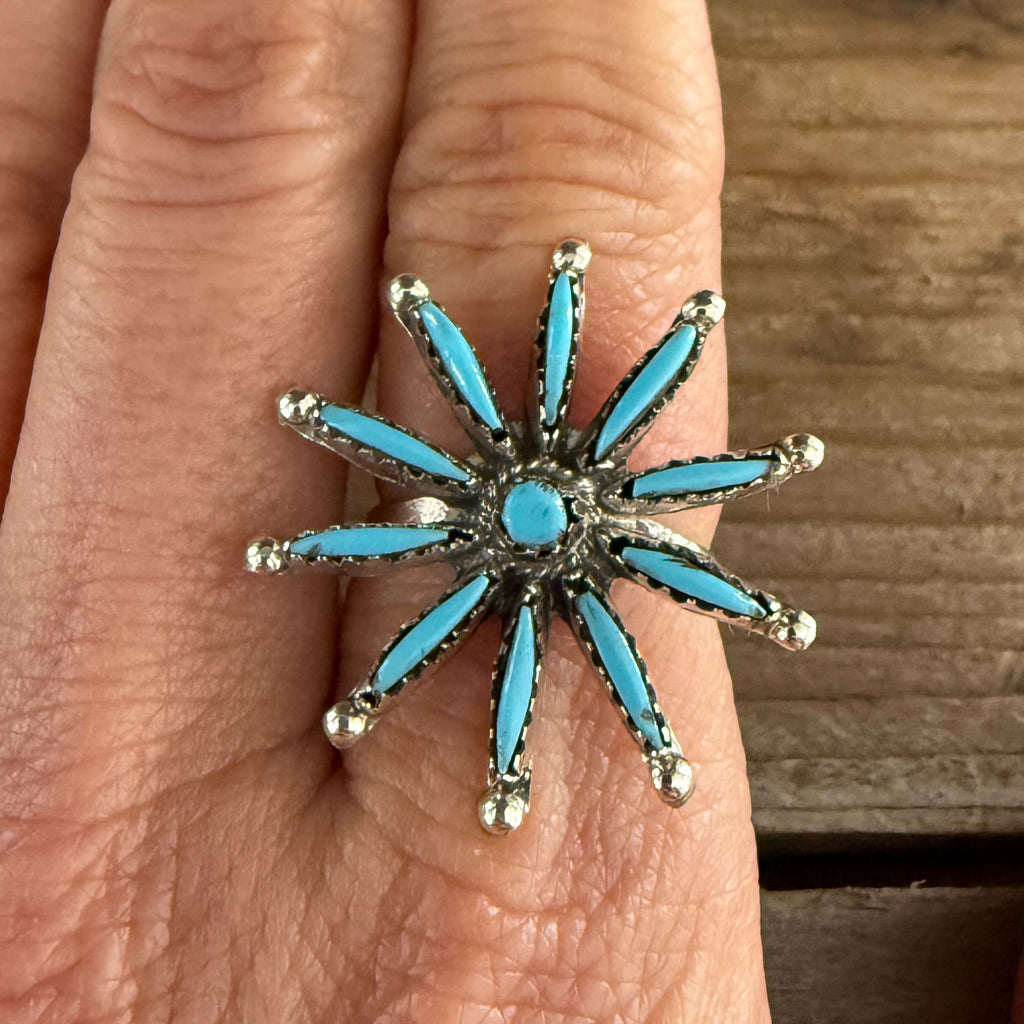Authentic Native American Handmade Sterling Silver and Sleeping Beauty Turquoise Zuni Needlepoint Ring size 7 1/4.
