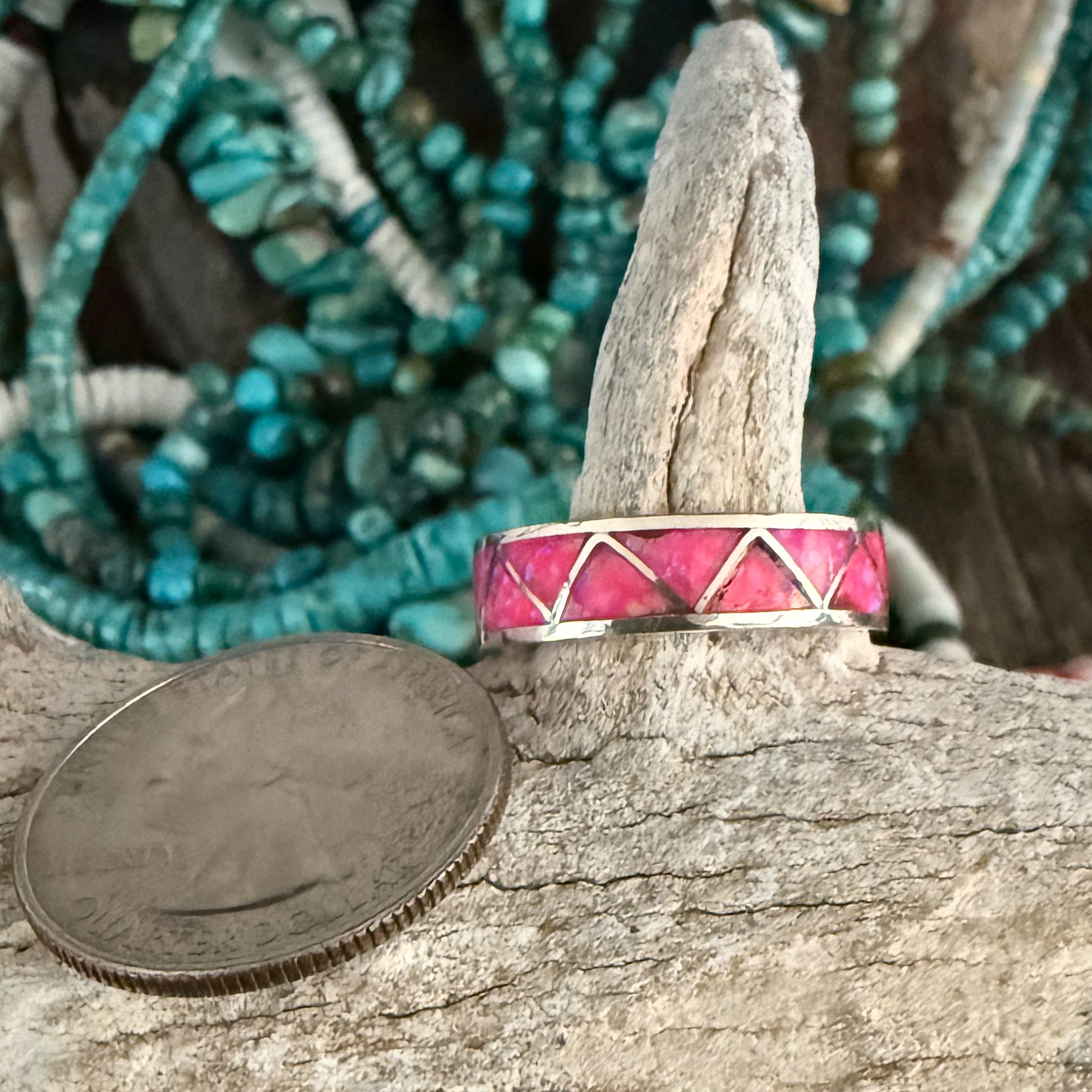 Authentic Native American Handmade Sterling Silver and Hot Pink Opal Inlay Ring size 101/4.
