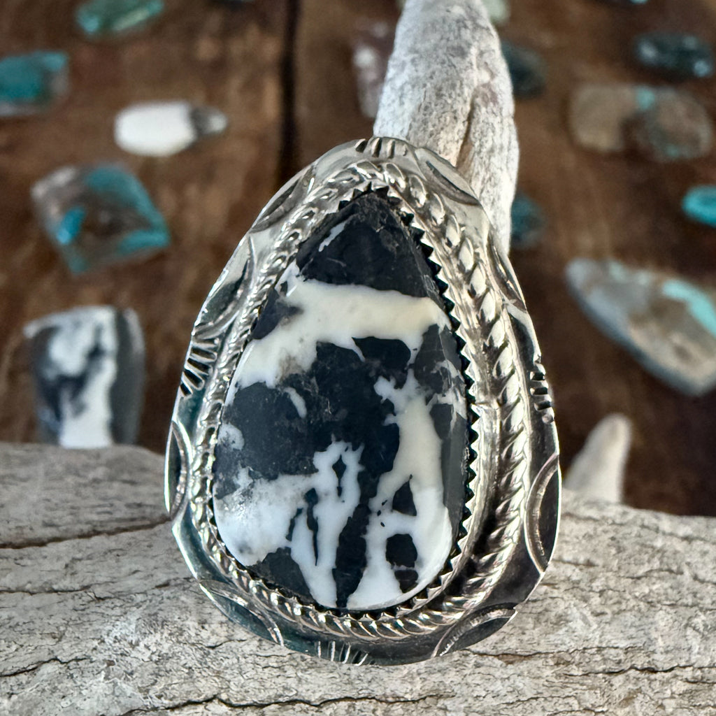 Authentic Native American Handmade Sterling Silver and White Buffalo Adjustable Ring